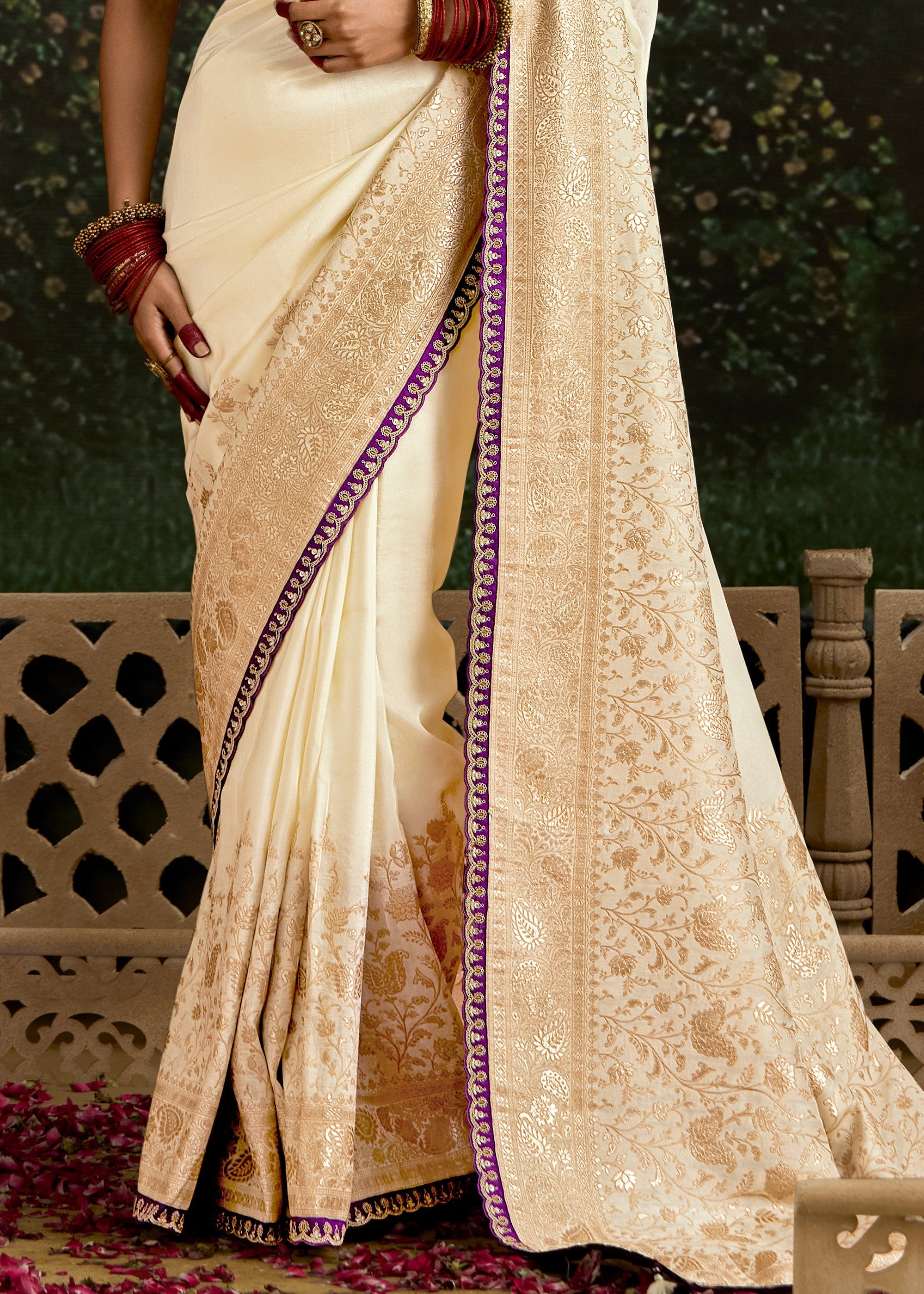Off-White and Purple Saree with Viscose Silk and Zari Work - qivii