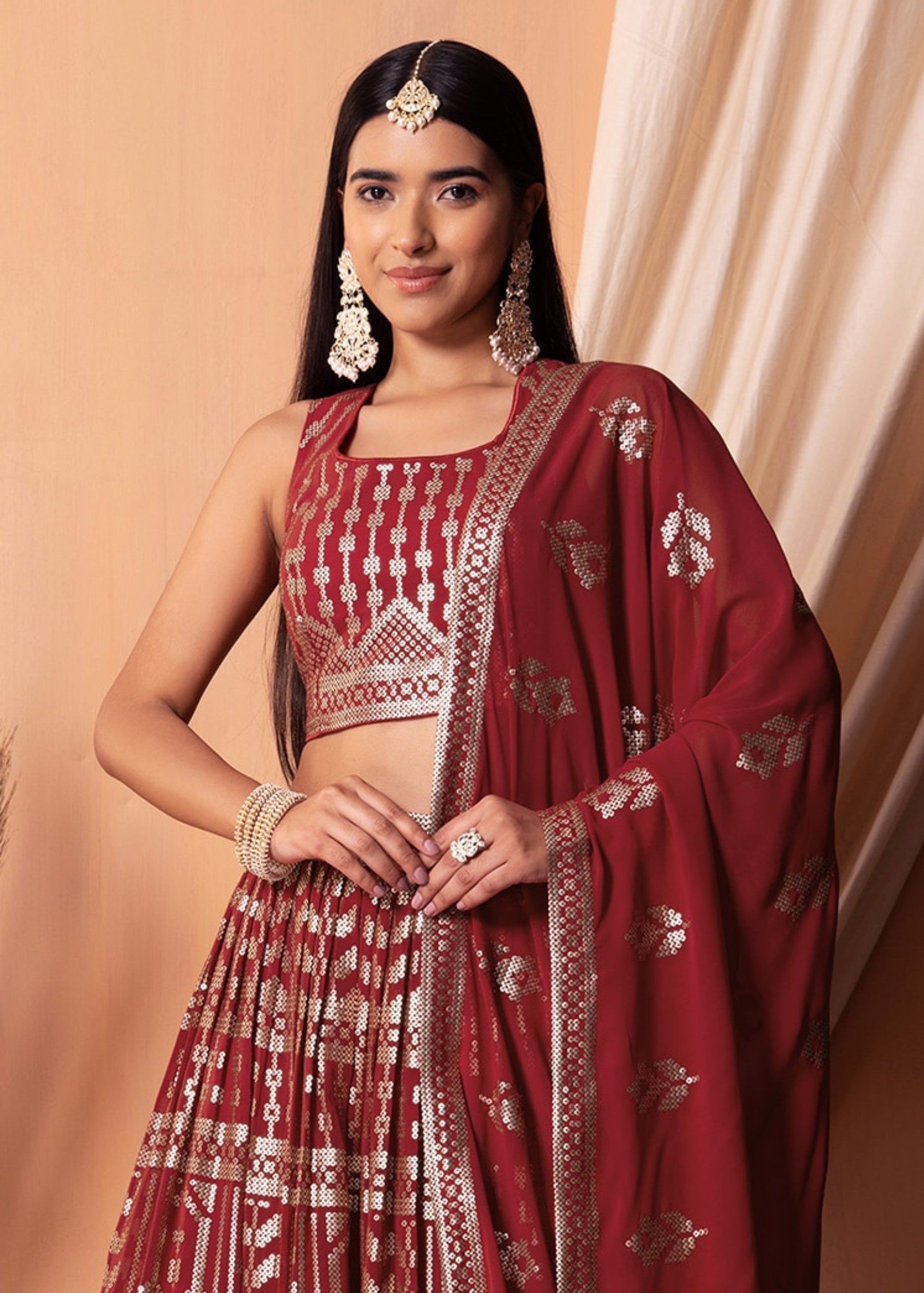Maroon Red Georgette Lehenga Choli With Sequins And Thread Embroidery Work | Ready To Wear - qivii