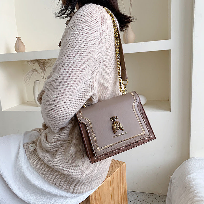 Women's Artisan-Crafted Distressed Crossbody Bag Small Box Purse with Stitched Rivets & Antique Gold Chain | Y2K Grunge Revival