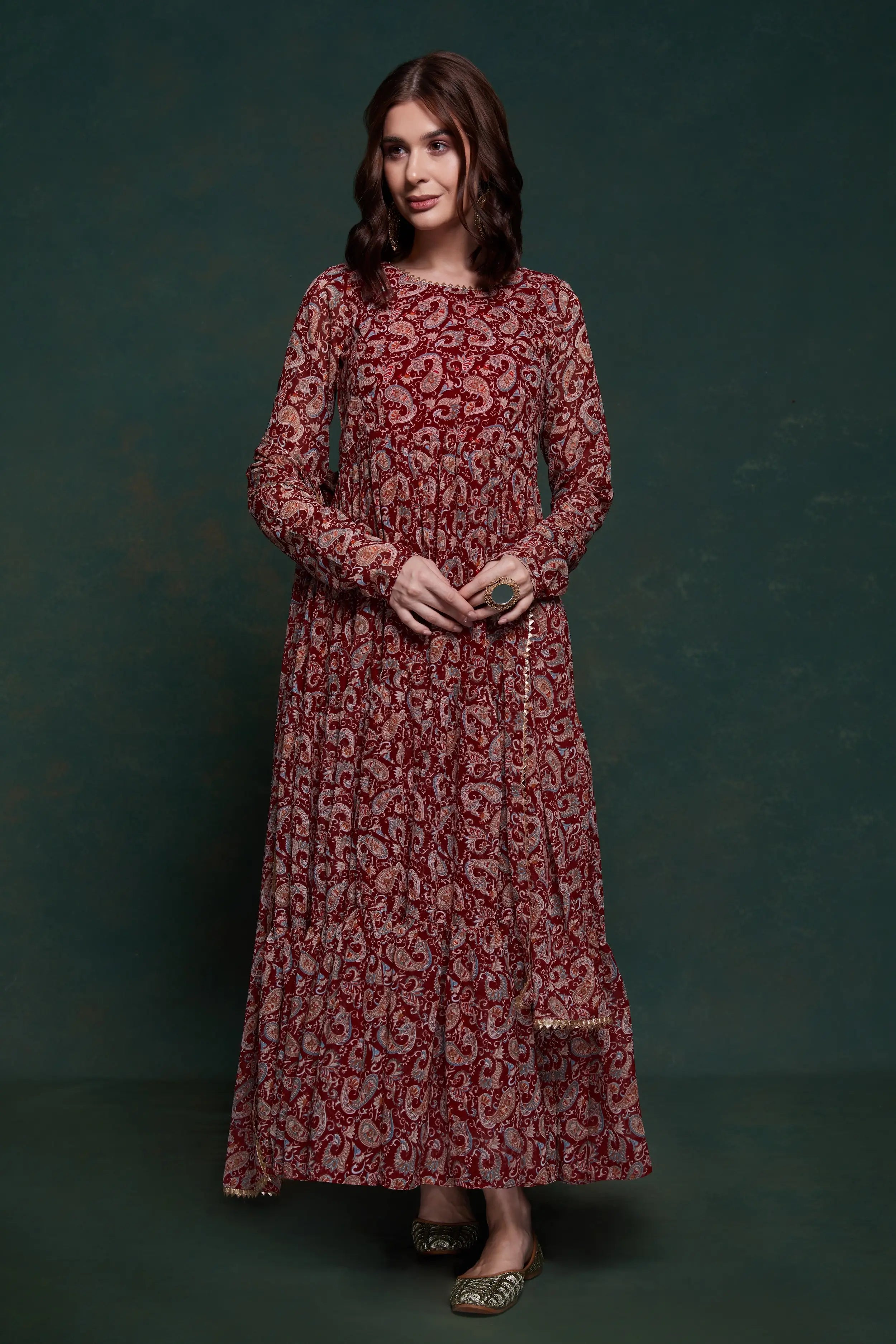 Maroon Printed Gown With Dupatta - qivii