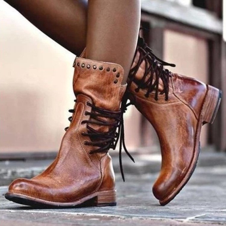 Women's Rivet Roma Boots - Side Lace Chunky Heel Mid Calf Boots (US 4-10.5)