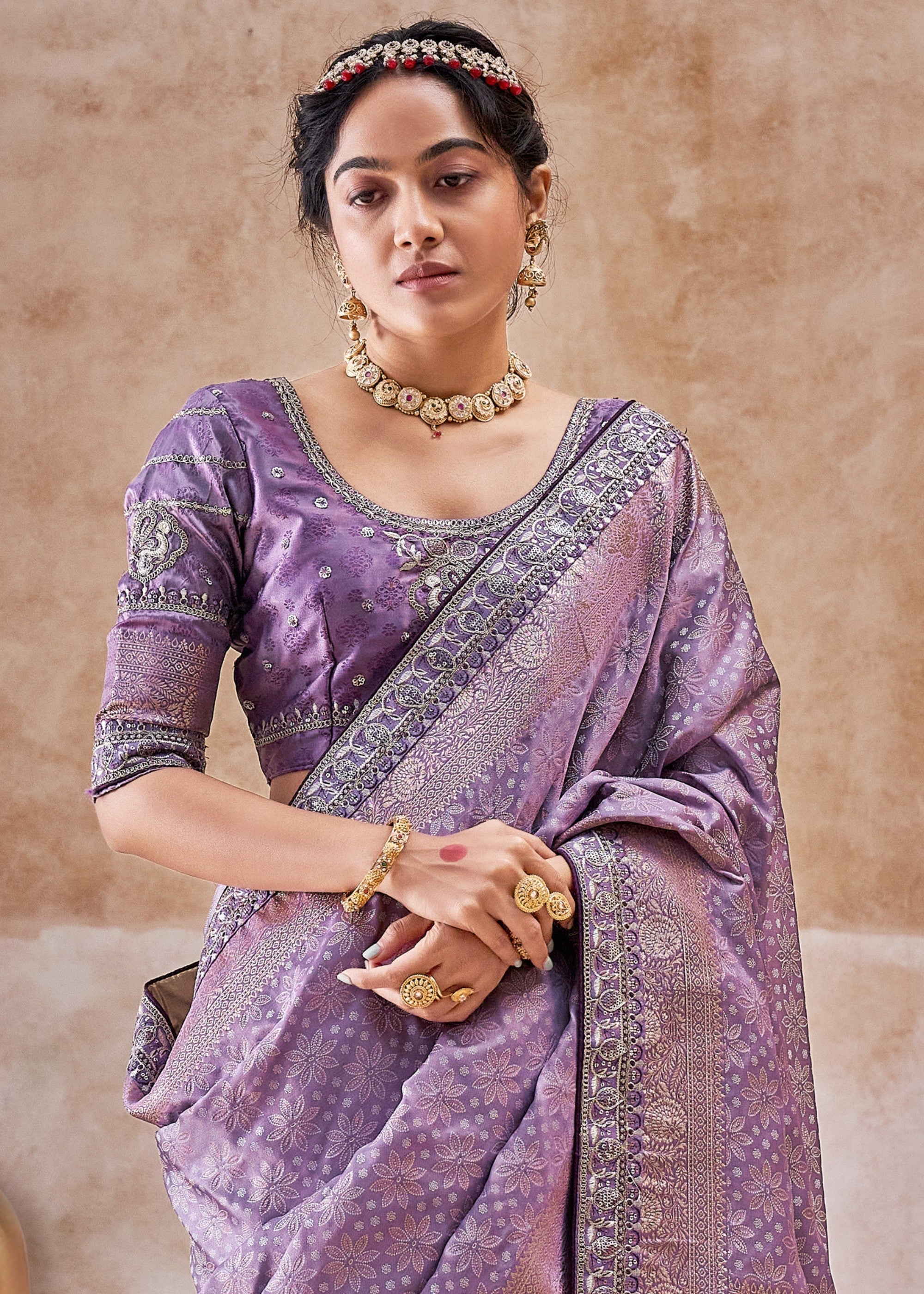 Dark Purple Satin Silk Saree With Heavy Embroidery Lace & Blouse - qivii