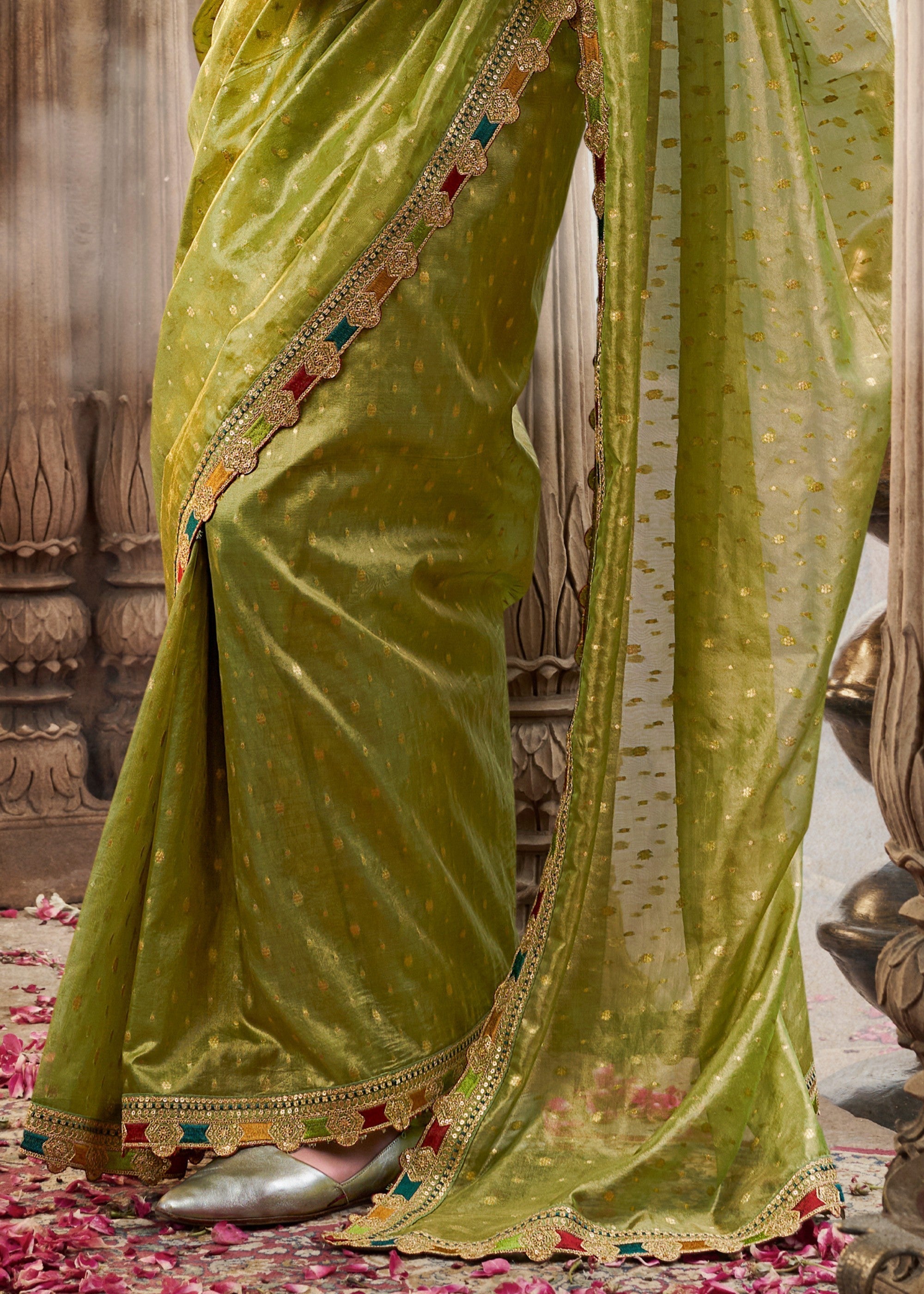 Apple Green Tissue Silk Saree With Multicolored Lace & Designer Blouse - qivii