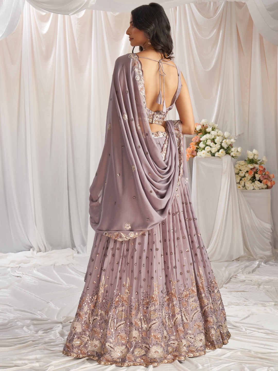 Lavender - Golden Dull-Bright Sequin,Golden-Sliver Threaded Embroidered Georgette Semi-Stitched Lehenga choli - qivii
