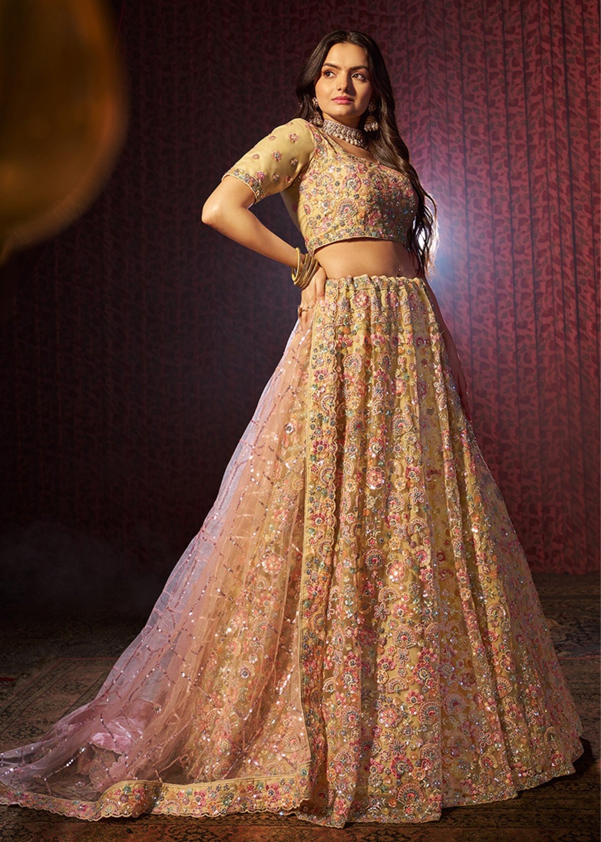 Beige Sequins Thread work Net Lehenga | Ready To Wear - qivii