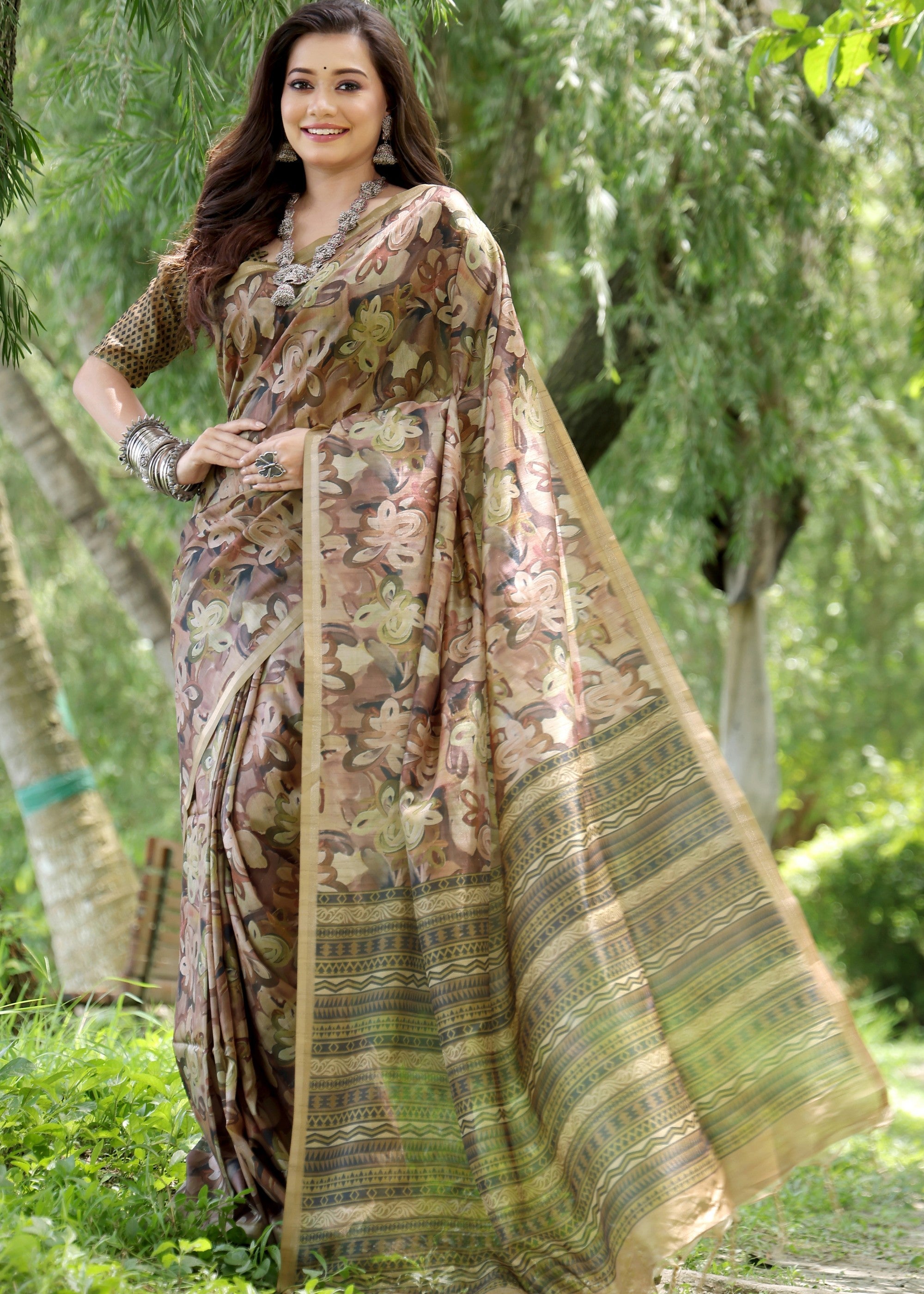 Coffee Flower Printed Design Cotton Silk Saree With Printed Pallu - qivii