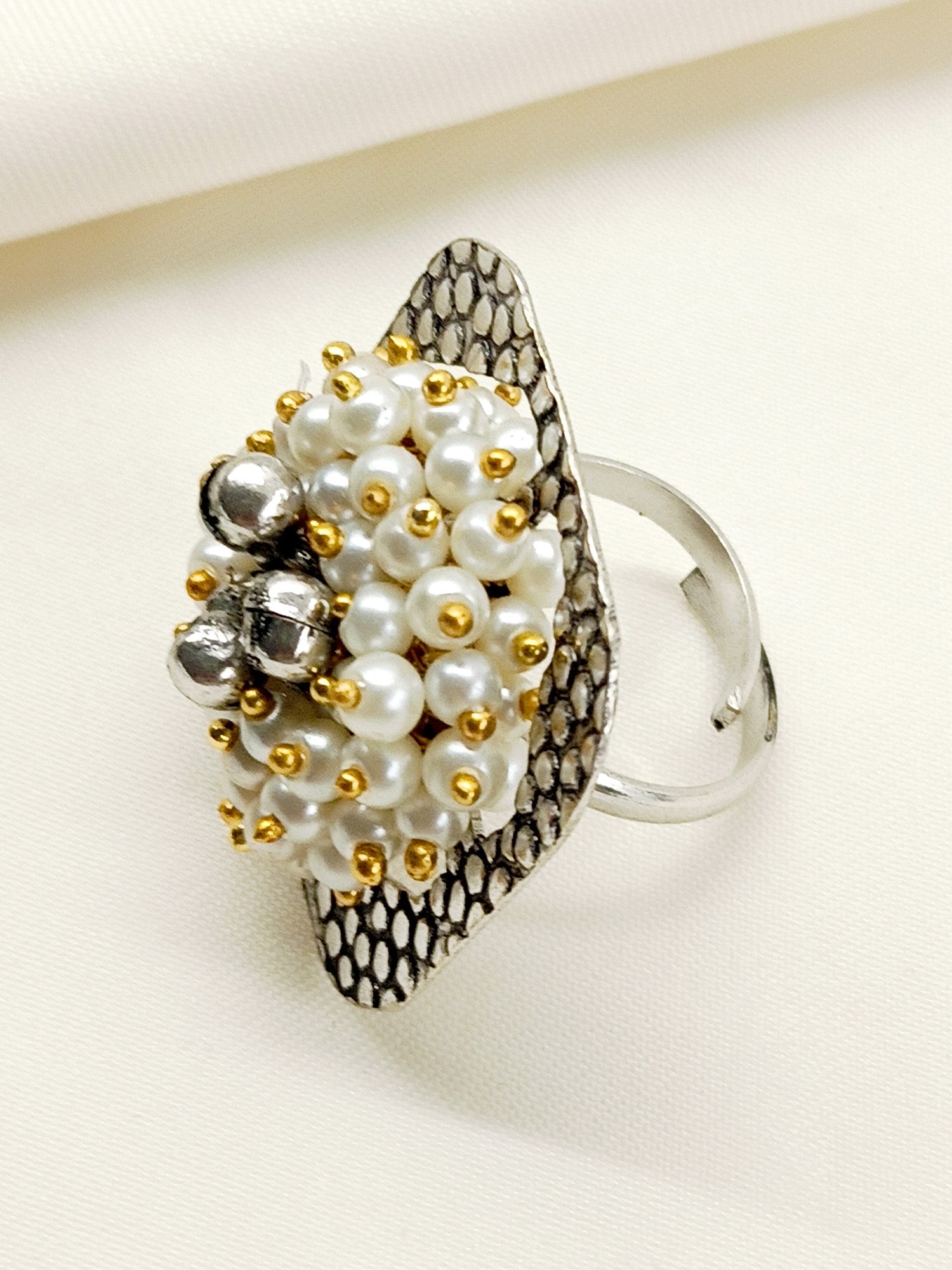 Edha White Pearl Oxidized Finger Ring