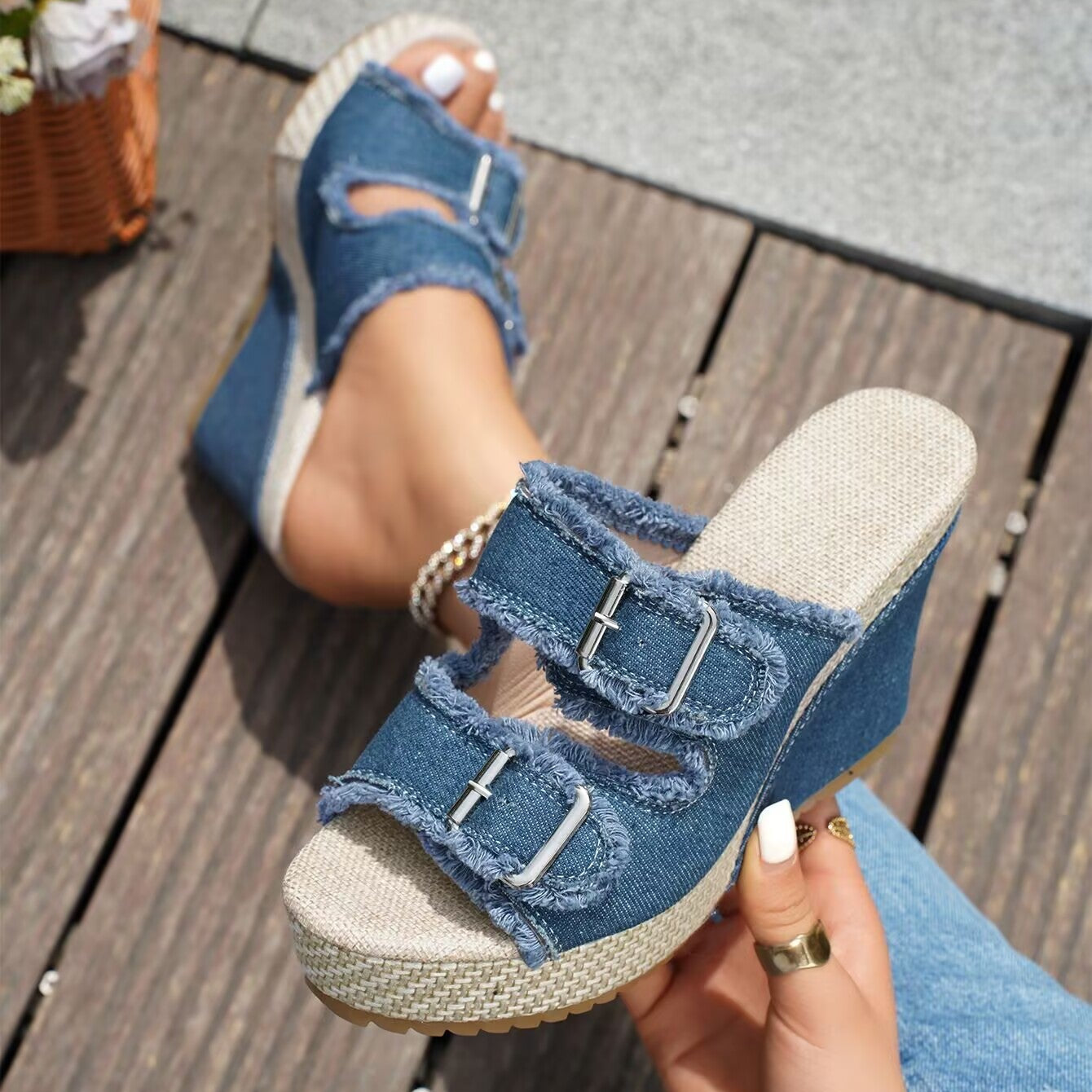 Women’s Denira Denim Peep-Toe Wedge Slide Sandals – Buckle Strap Platform Chic Summer Slides (US 5–10.5)