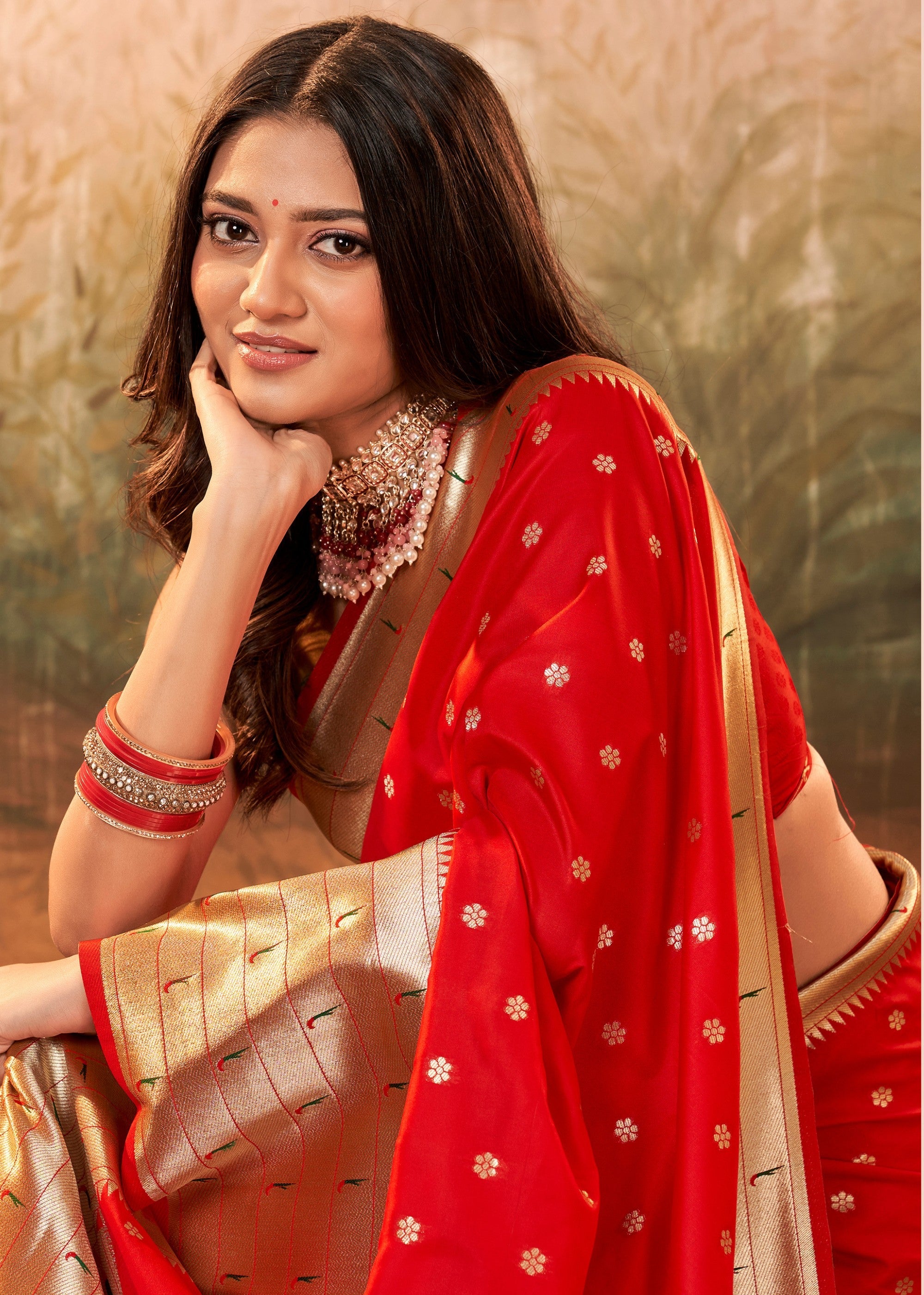 Cherry Red Paithani Silk Saree With Zari Weaving - qivii