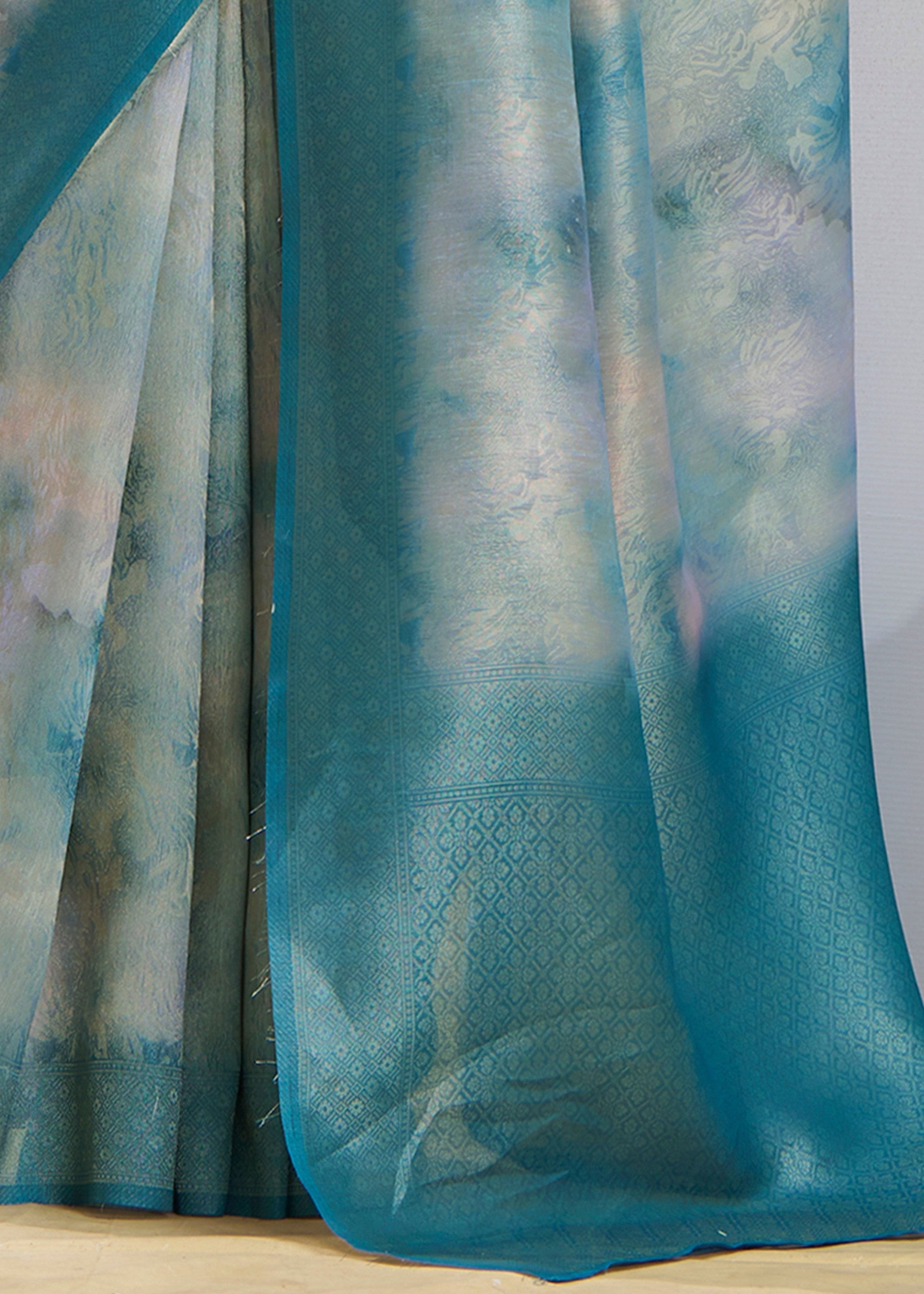 Ocean Blue Handloom Weaving Silk Saree - qivii