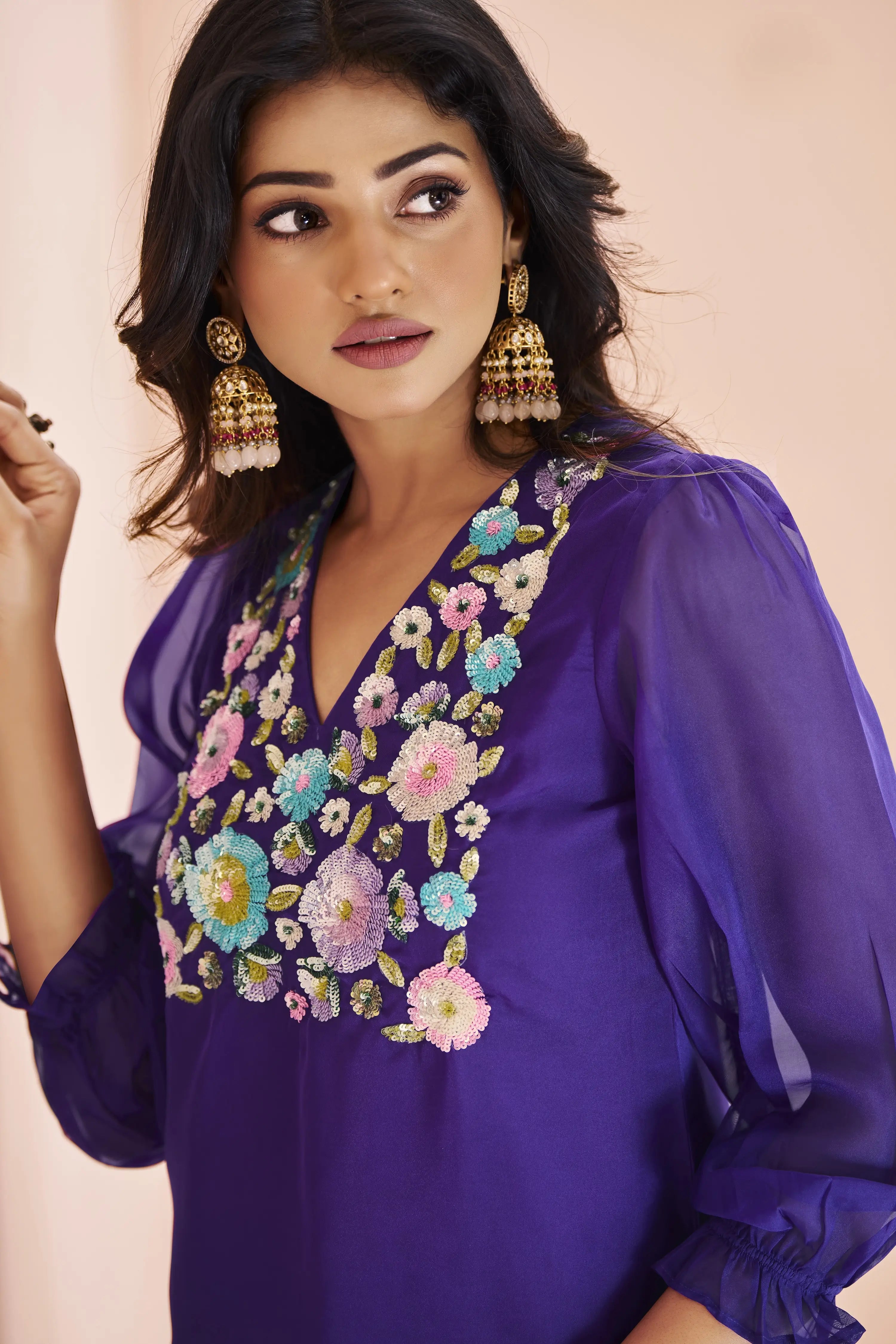 Purple Organza Salwar Suit With Handwork - qivii