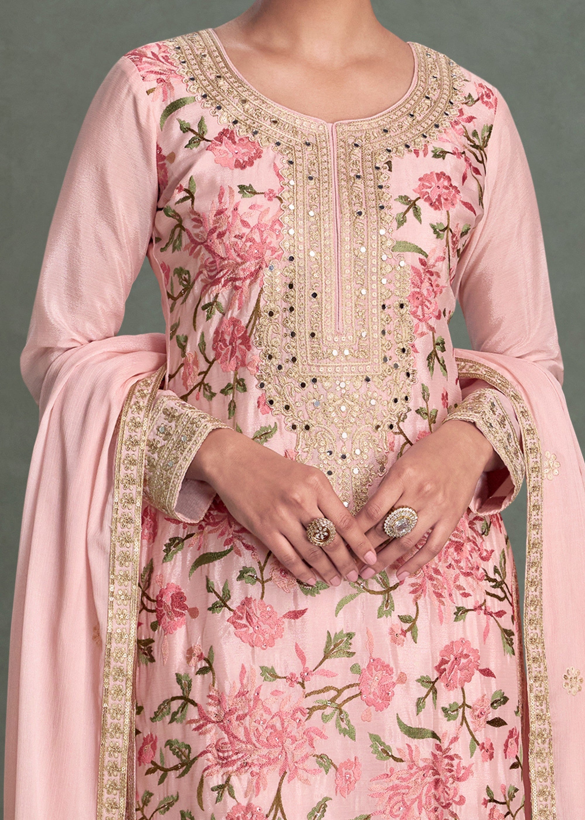 Peach Pink Premium Chinnon Silk Salwar Suit - qivii