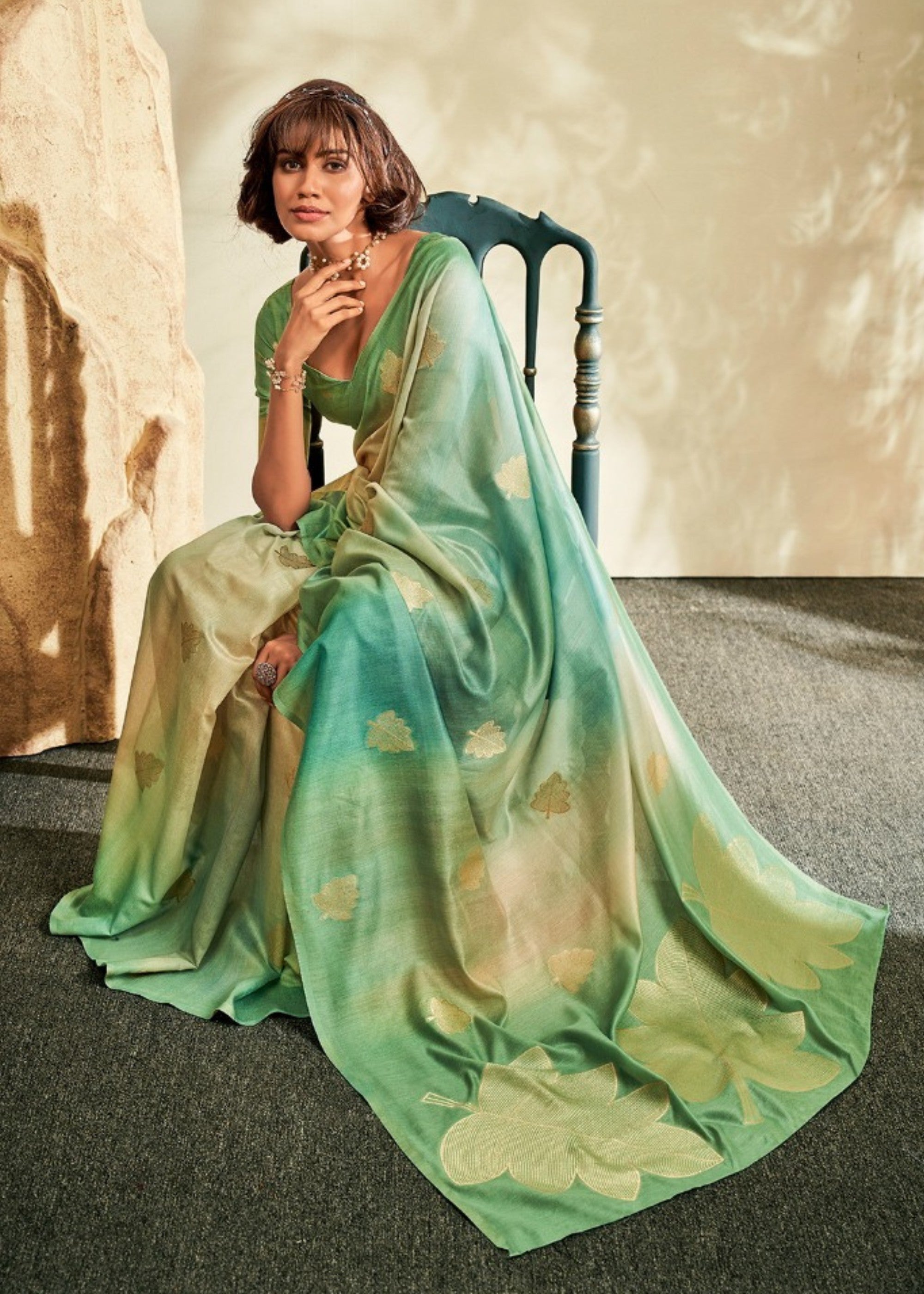 Emerald Green Handloom Khadi Silk with Digital Print - qivii