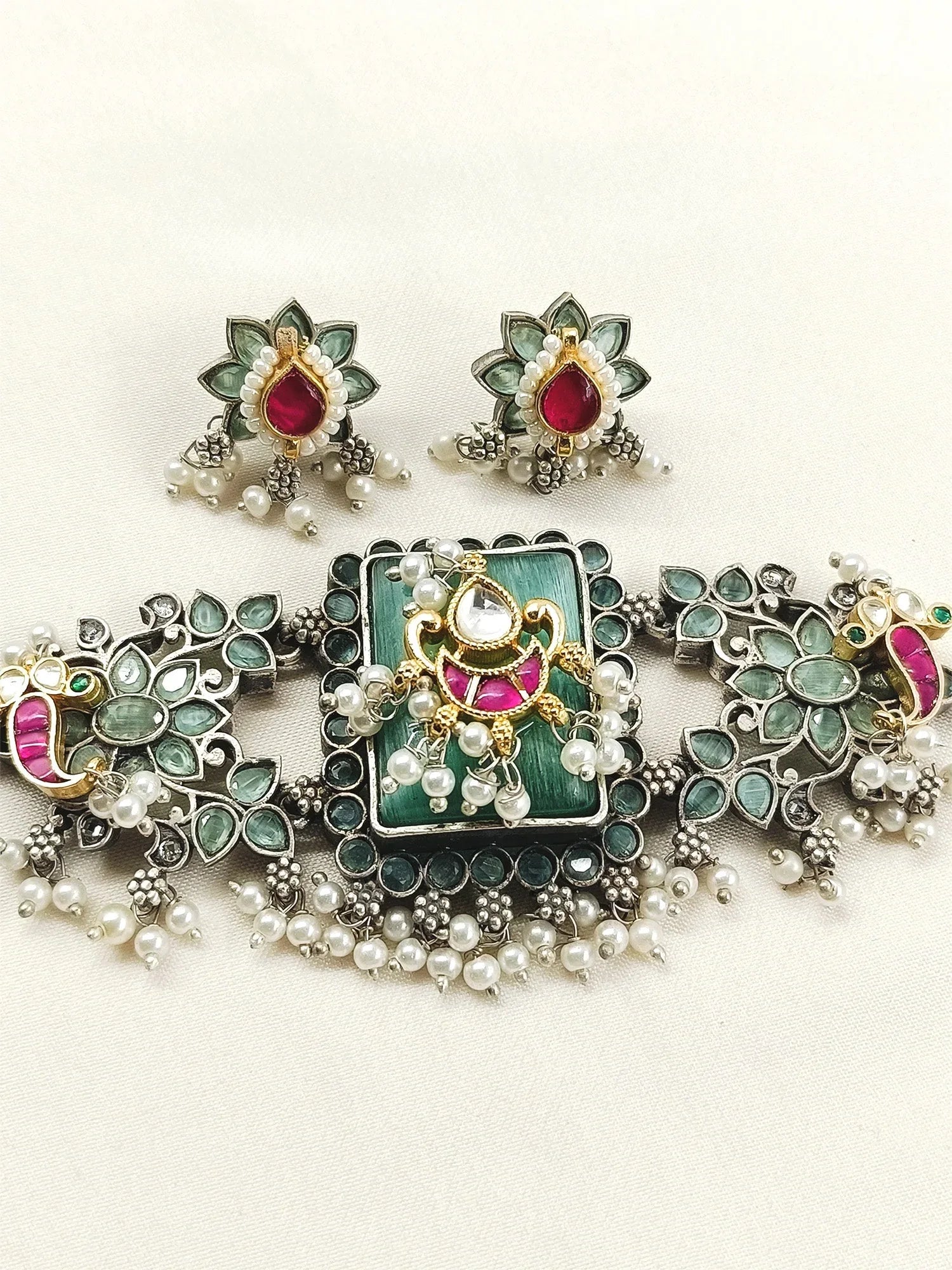 Vanshika Mint Green Oxidized Choker Set