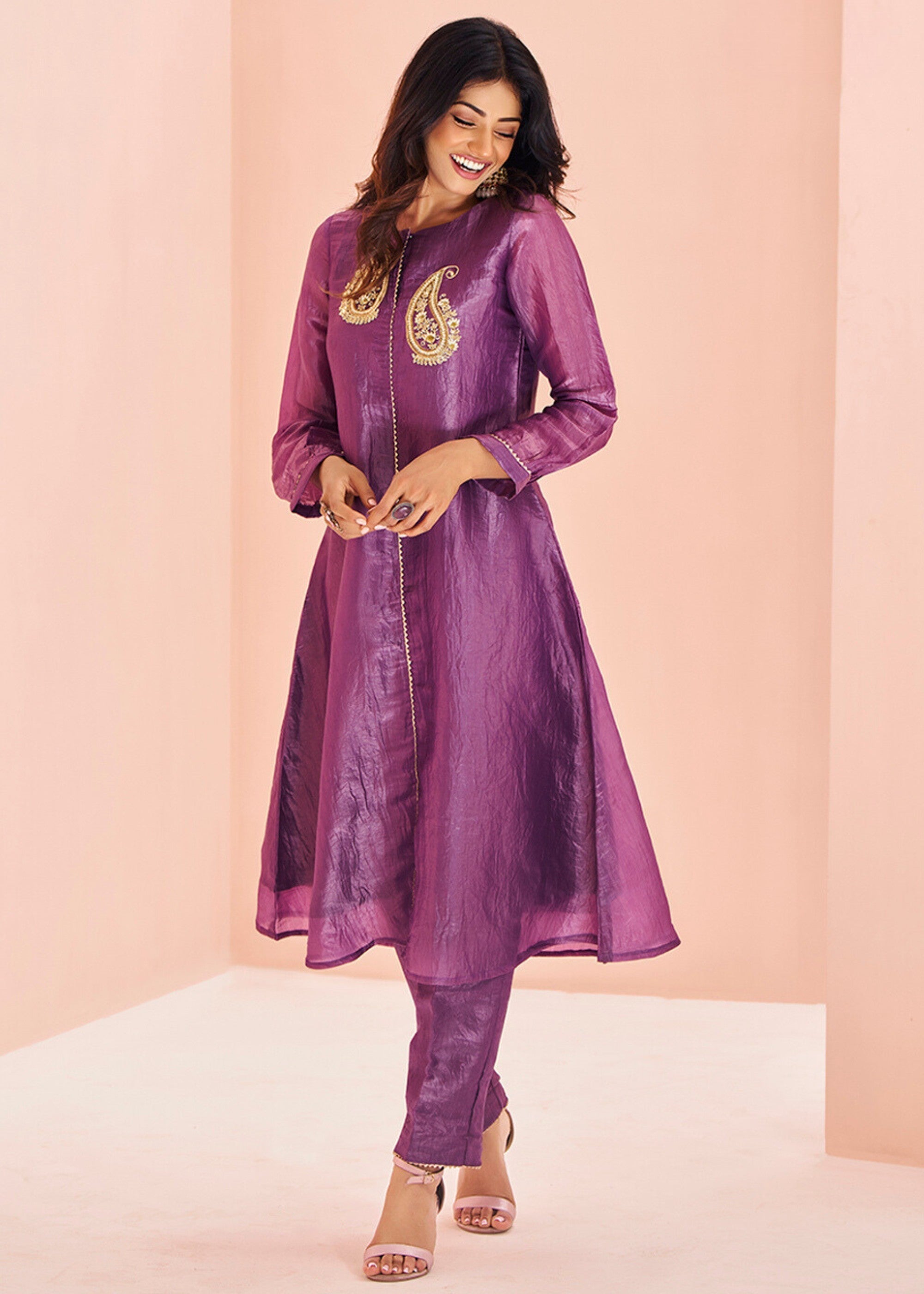 Purple Organza Handwork Kurta with Pant - qivii