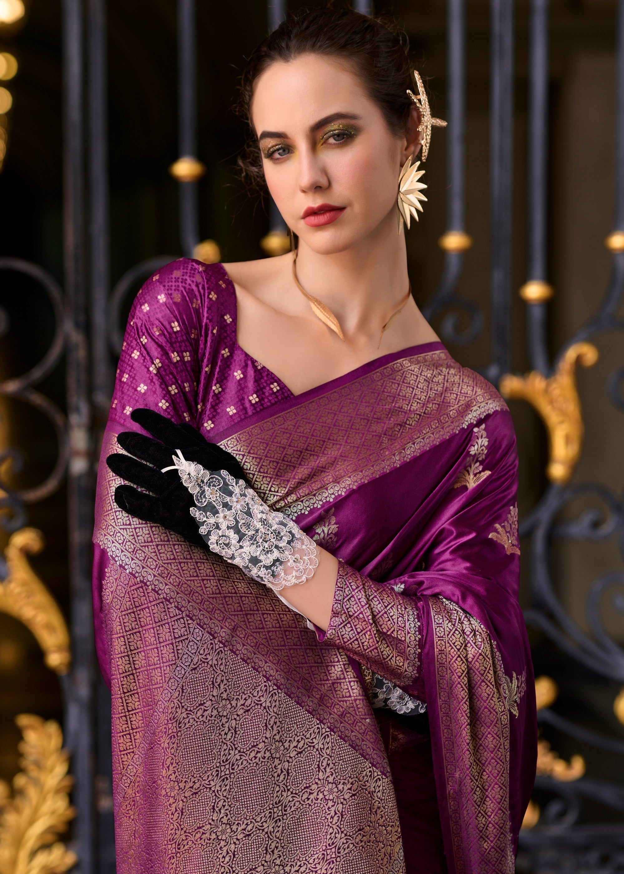 Irish Purple Satin Mungha Silk Saree - qivii