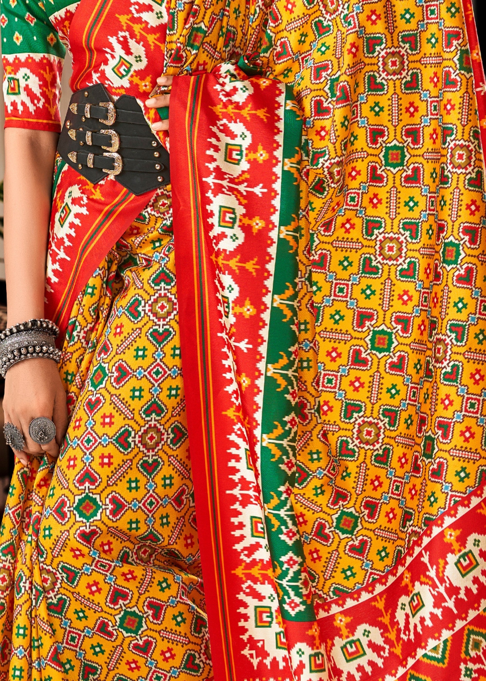 Saffron Yellow Tussar Silk Saree With Beautiful Patola Print - qivii