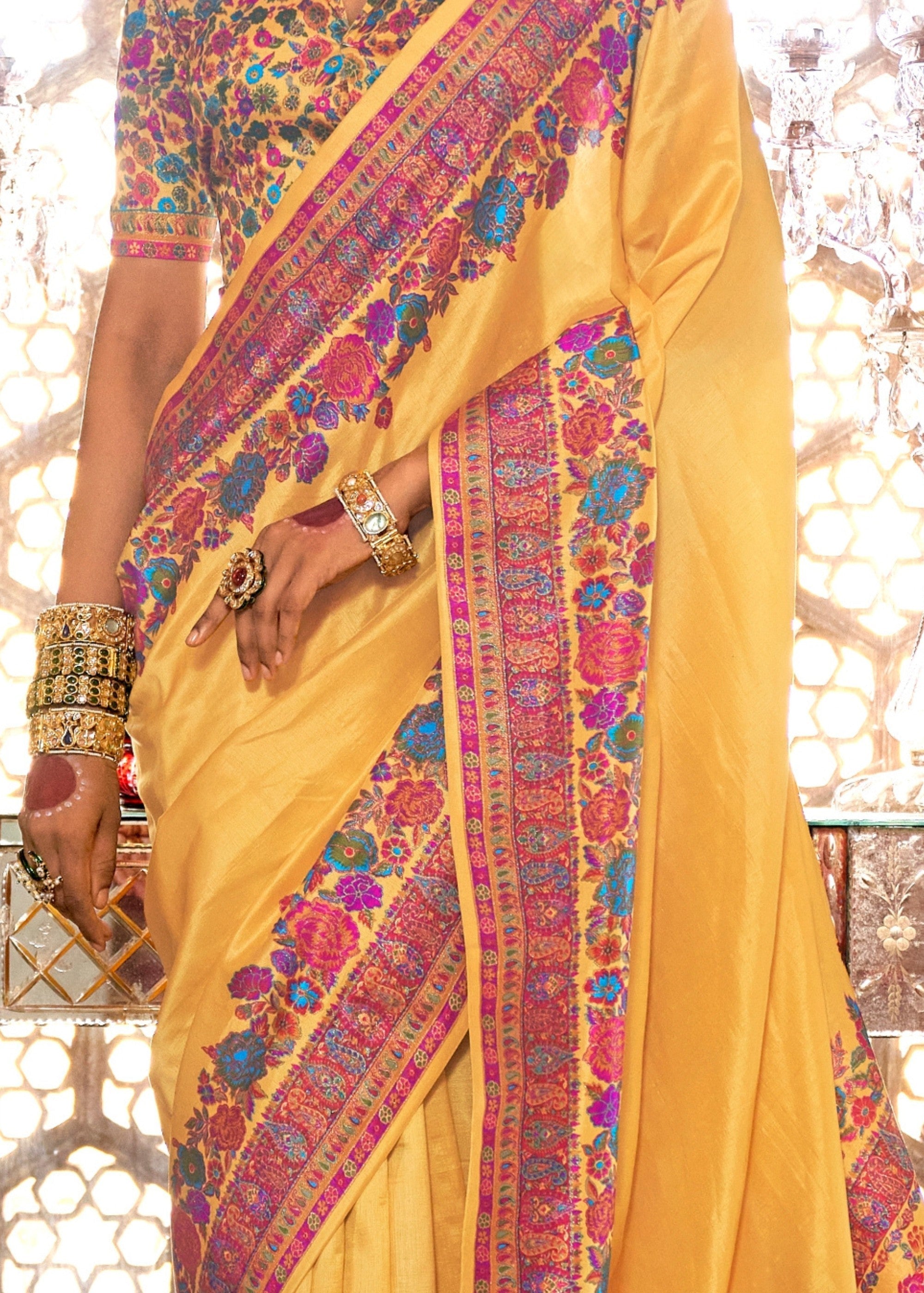 Sunflower Yellow Silk Saree With Luxury Print And Glory Finish - qivii