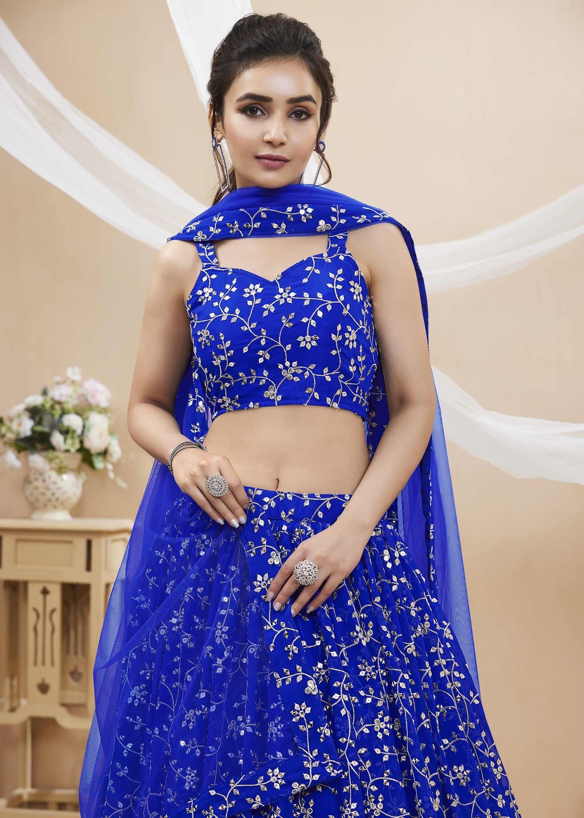 Cobalt Blue Georgette Lehenga Choli With Sequins Zari Embroidered Work | Ready To Wear - qivii