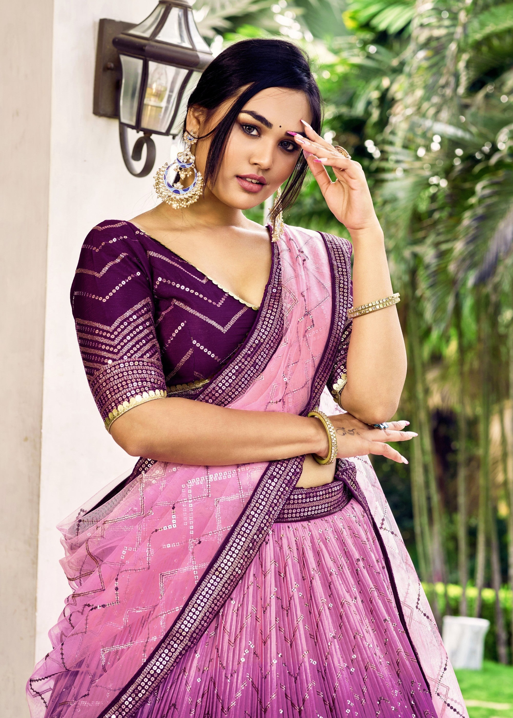 Plum Purple Chinon Silk Lehenga With Sequence and Thread Embroidery Work | Ready To Wear - qivii