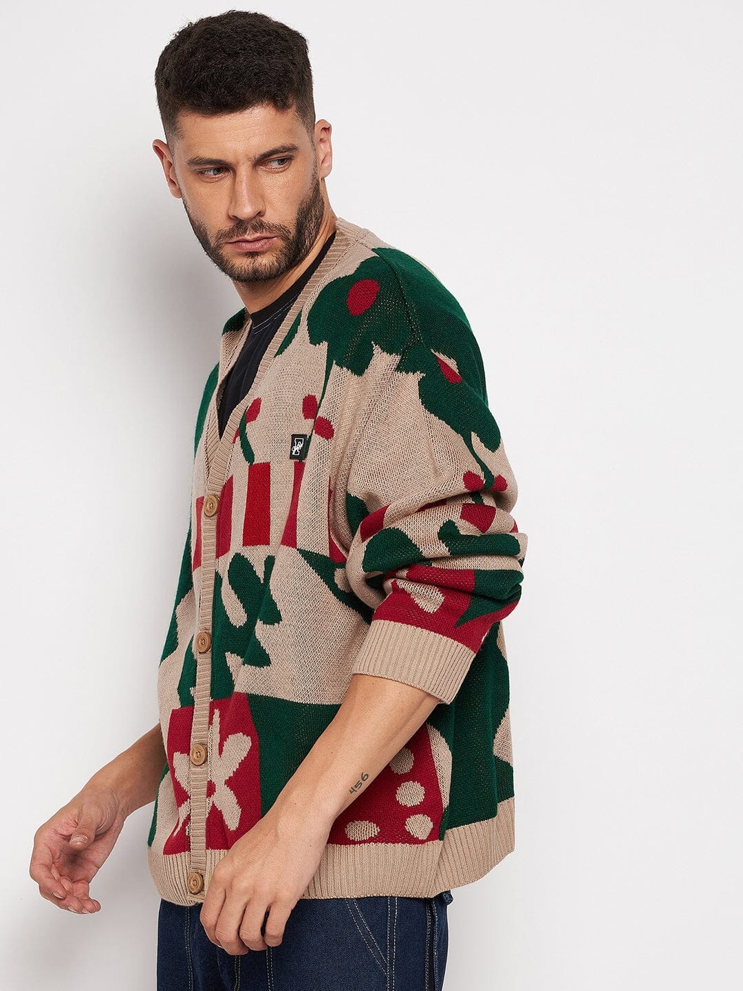 Beige Abstract Oversized Cardigan