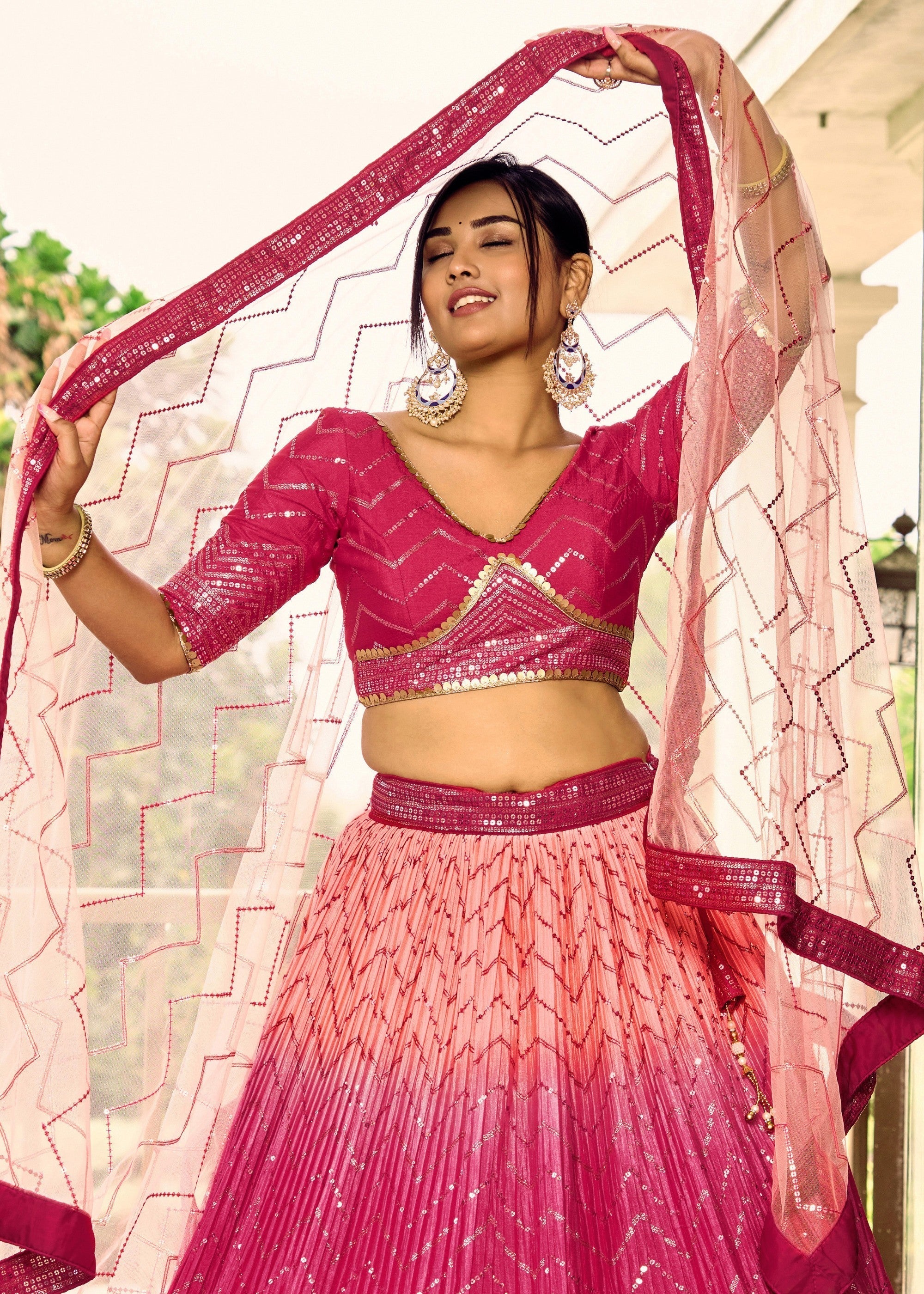 Hot Pink Chinon Silk Lehenga With Sequence and Thread Embroidery Work | Ready To Wear - qivii