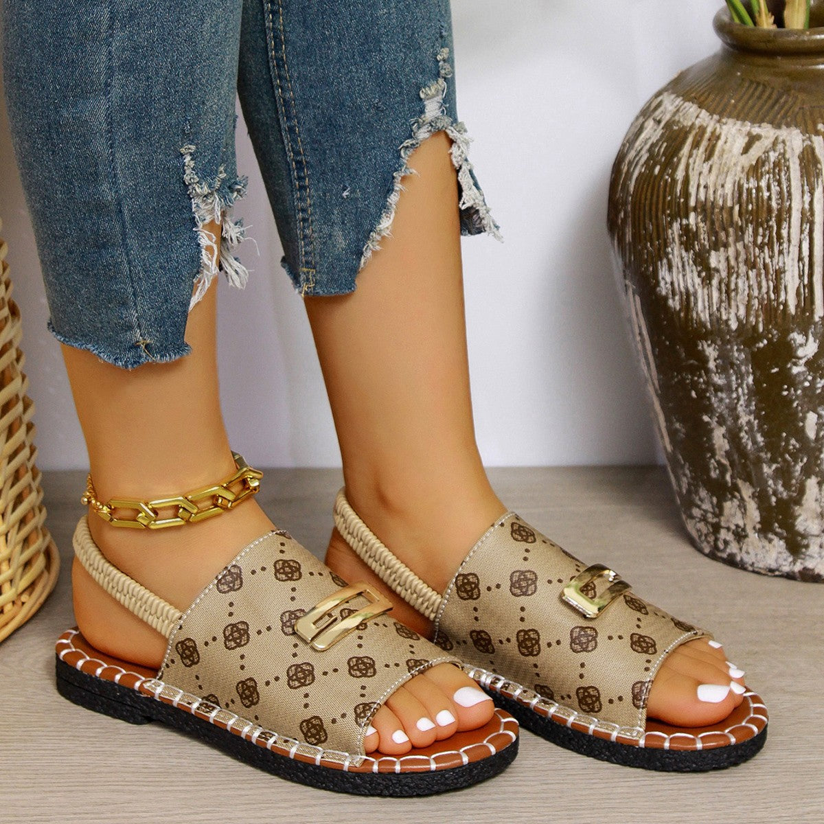 Women's Plus Size Single-Strap Canvas Sandals - Hand-Stitched Round-Toe Flats with Metallic Buckle