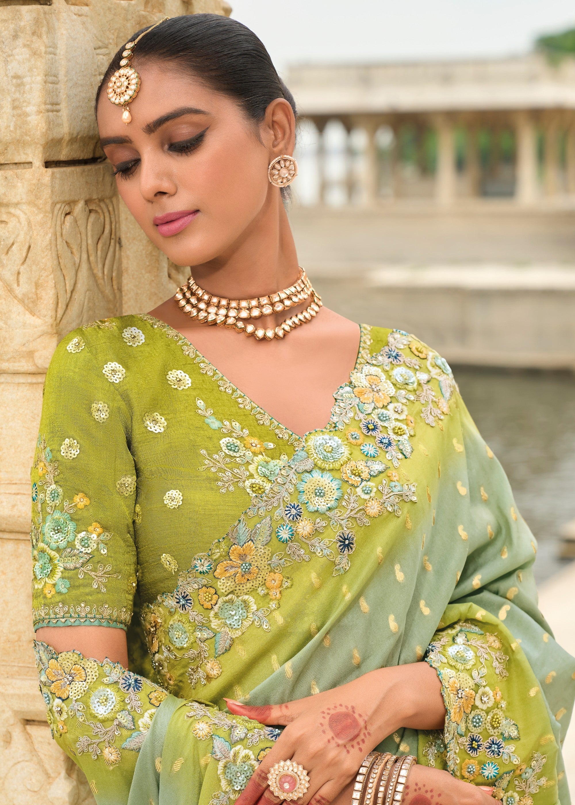 Pistachio Green Viscose Tissue Silk Saree With Embroidery Cut Work Border And Sequence Work - qivii
