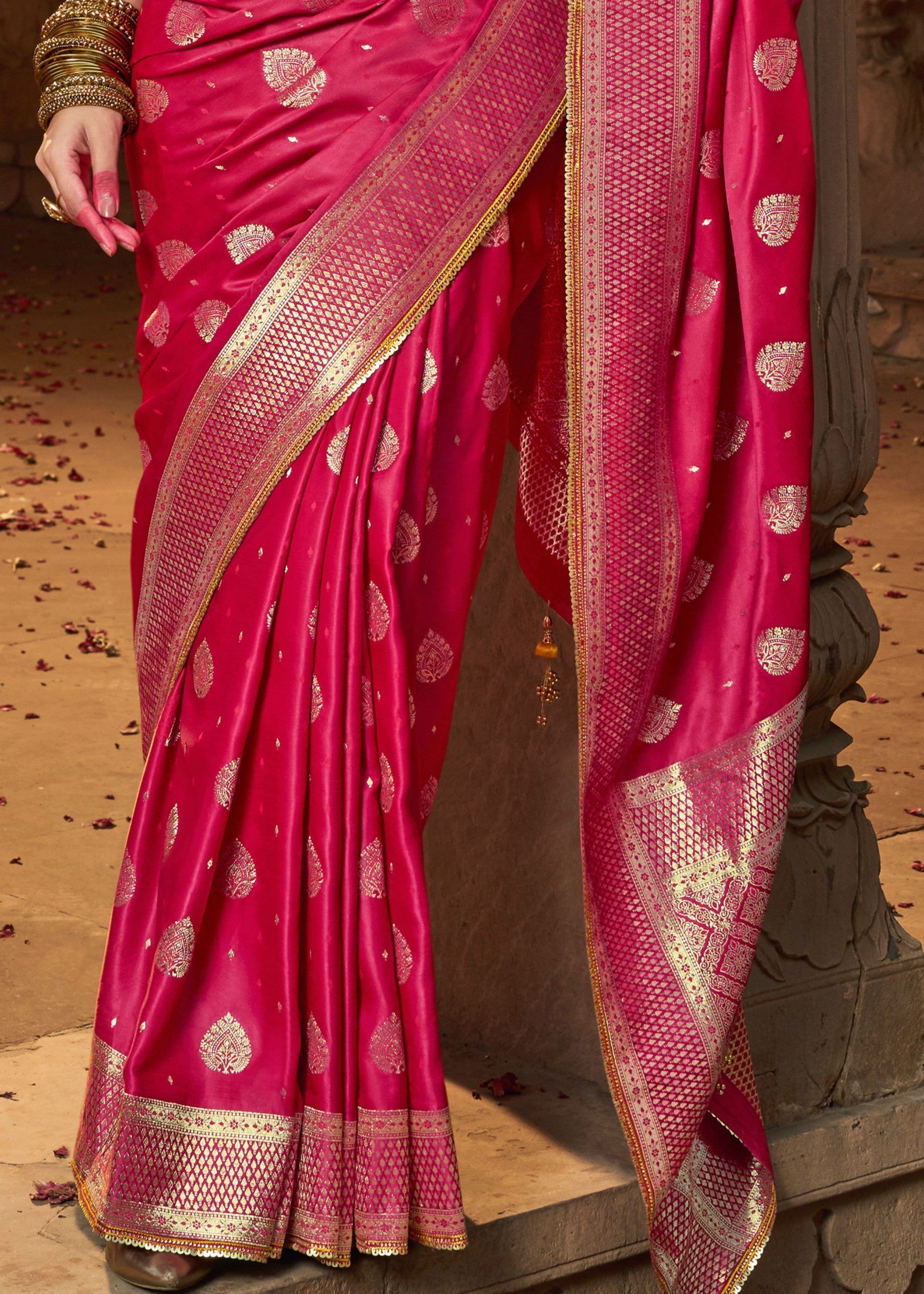 Rani Pink Satin Silk Saree With Beautiful Lace Border And Heavy Designer Embroidered Blouse - qivii