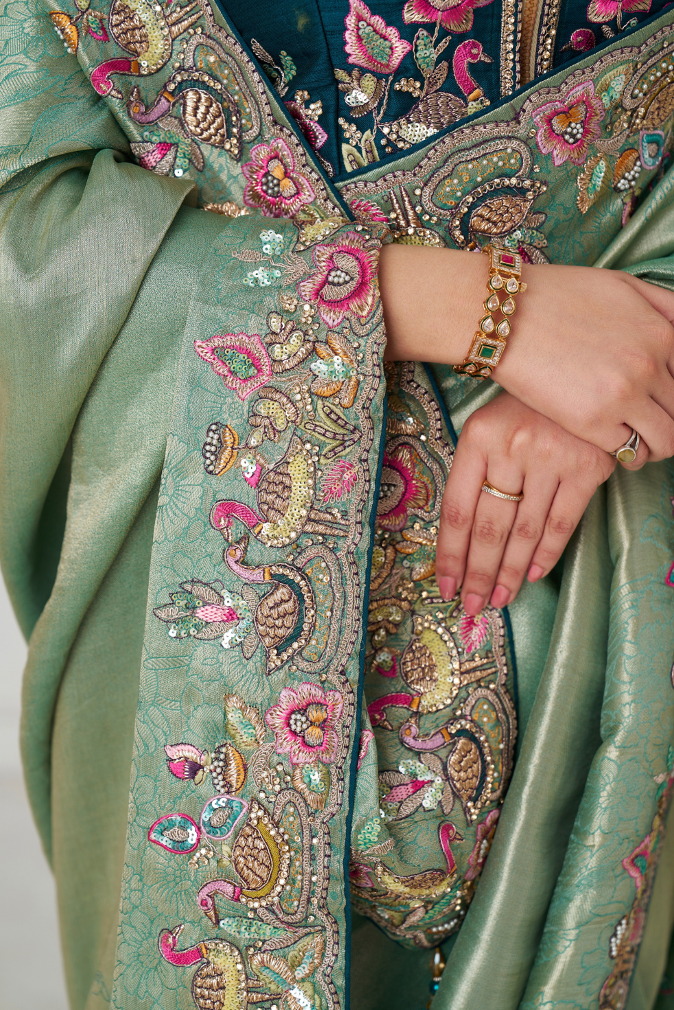 Trending Reception Green Color Saree With Multi-thread Embroidery - qivii