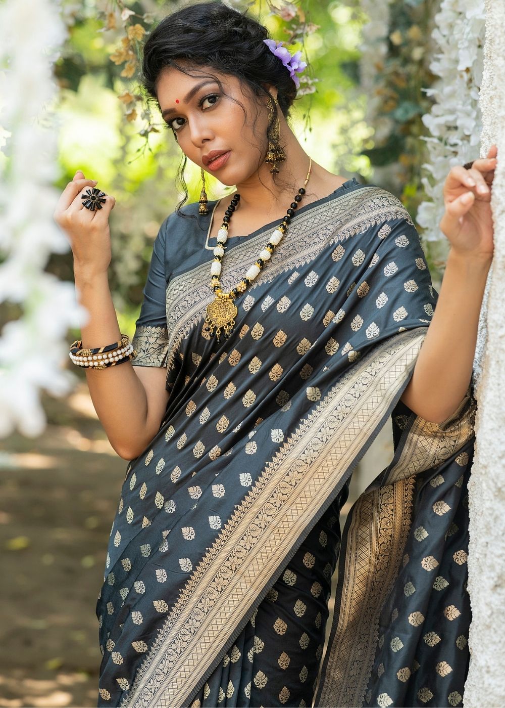 Anchor Grey Soft Banarasi Silk Saree with overall Butti - qivii