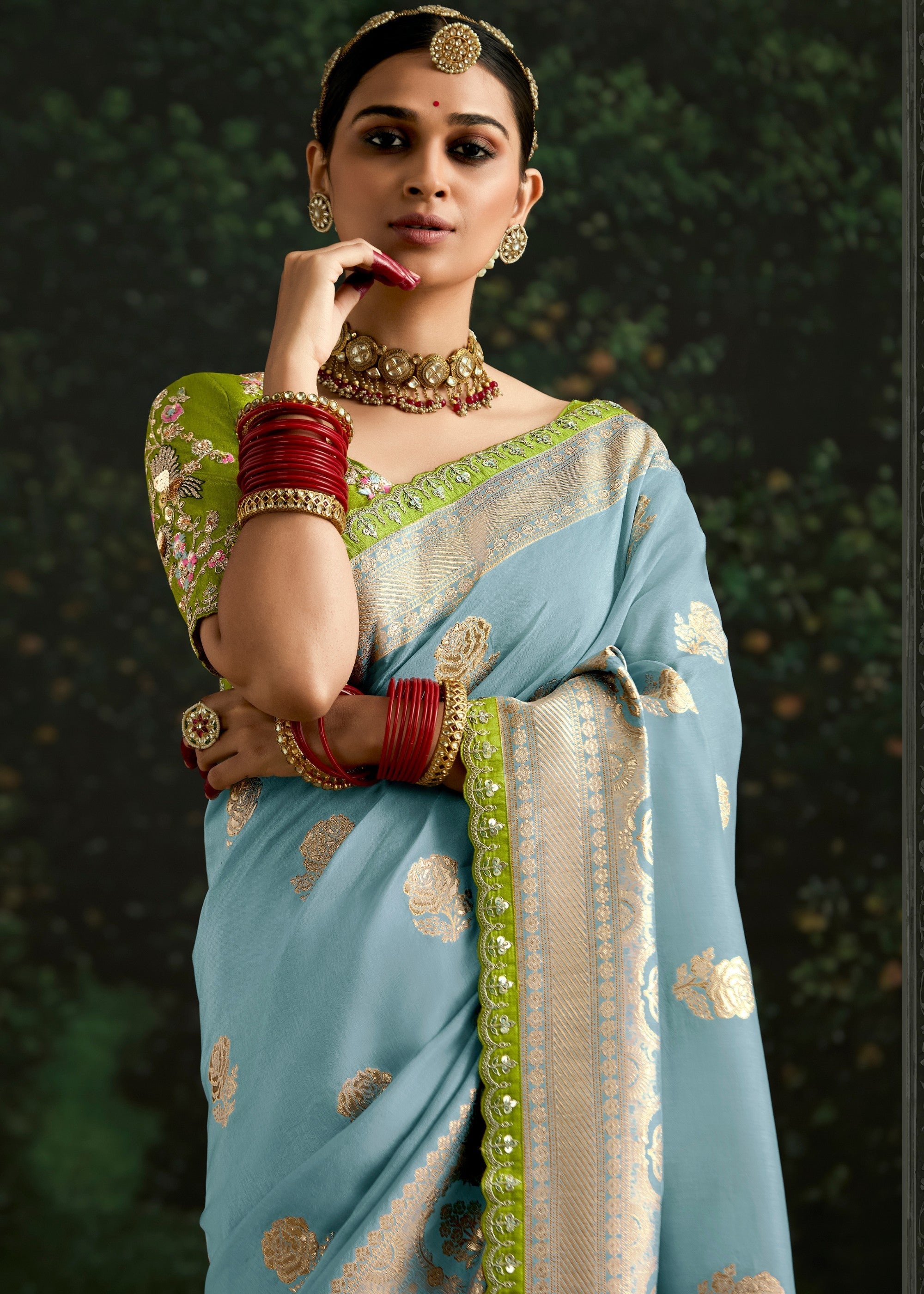 Sky-blue and Lime-green Viscose silk Saree with Zari work - qivii