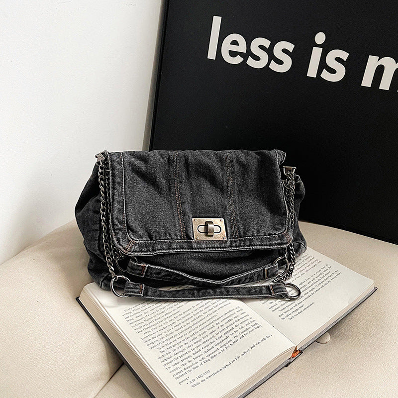 Women's Vintage Denim Tote Bag – Casual Chain Strap Shoulder Bag with Spacious Compartment Retro Commuter Essentials