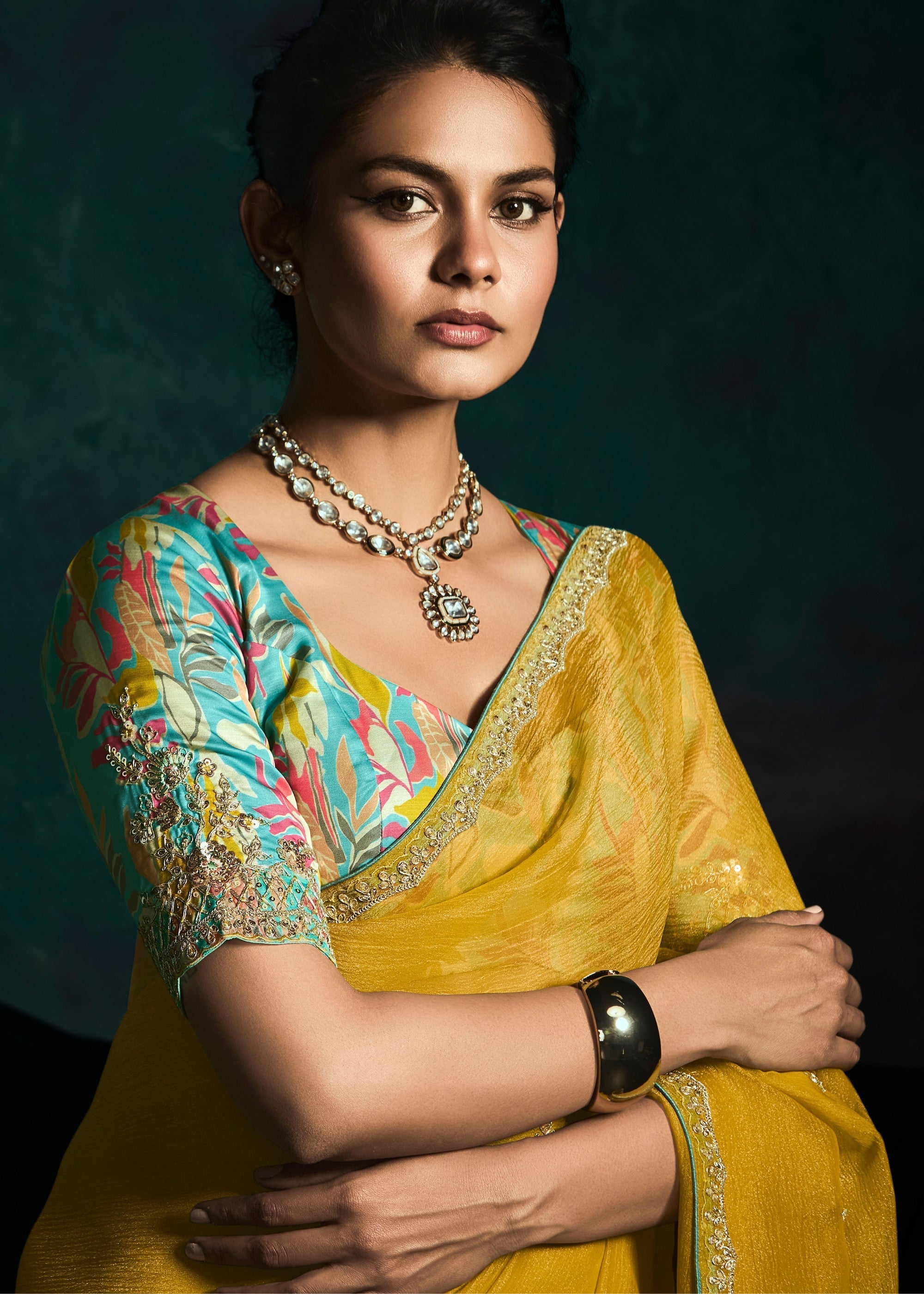 Sunflower Yellow Fancy Fabric Silk Saree With Sequins And Thread Embroidered Butti Work - qivii