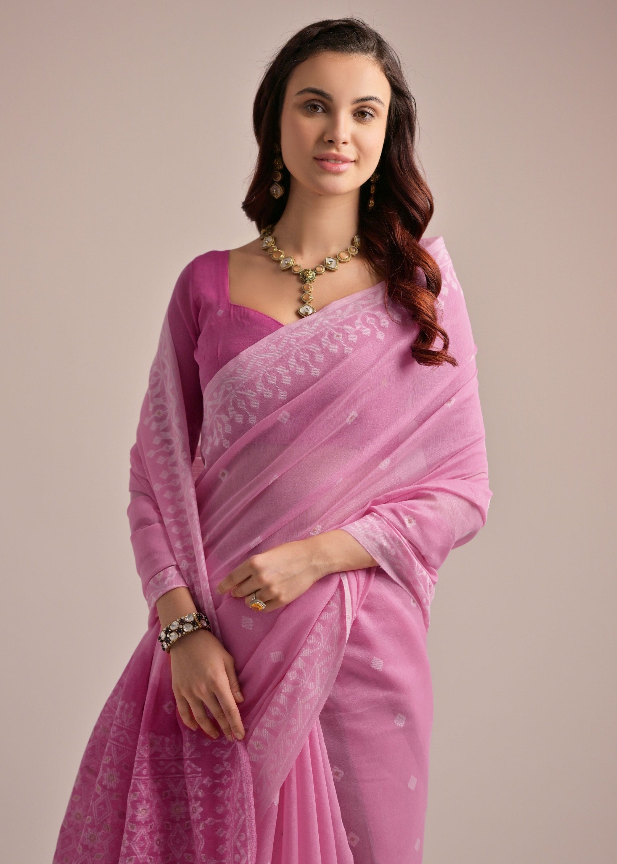 Pink Thread Butti Lakhnawi Weaves Muga Cotton Saree With Contrast Pallu - qivii