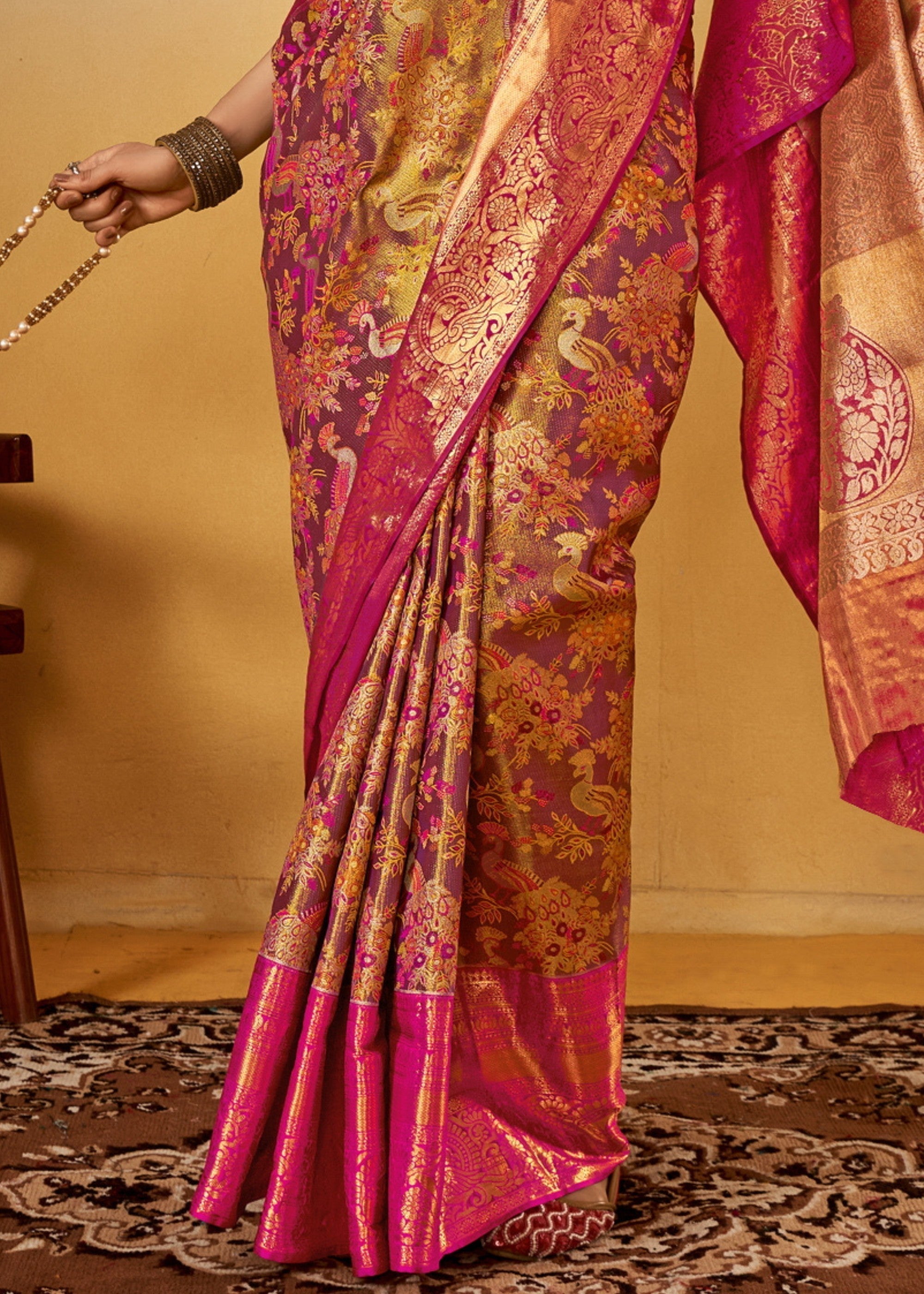 Pink and Orange Handloom Dharamavaram Silk Saree - qivii
