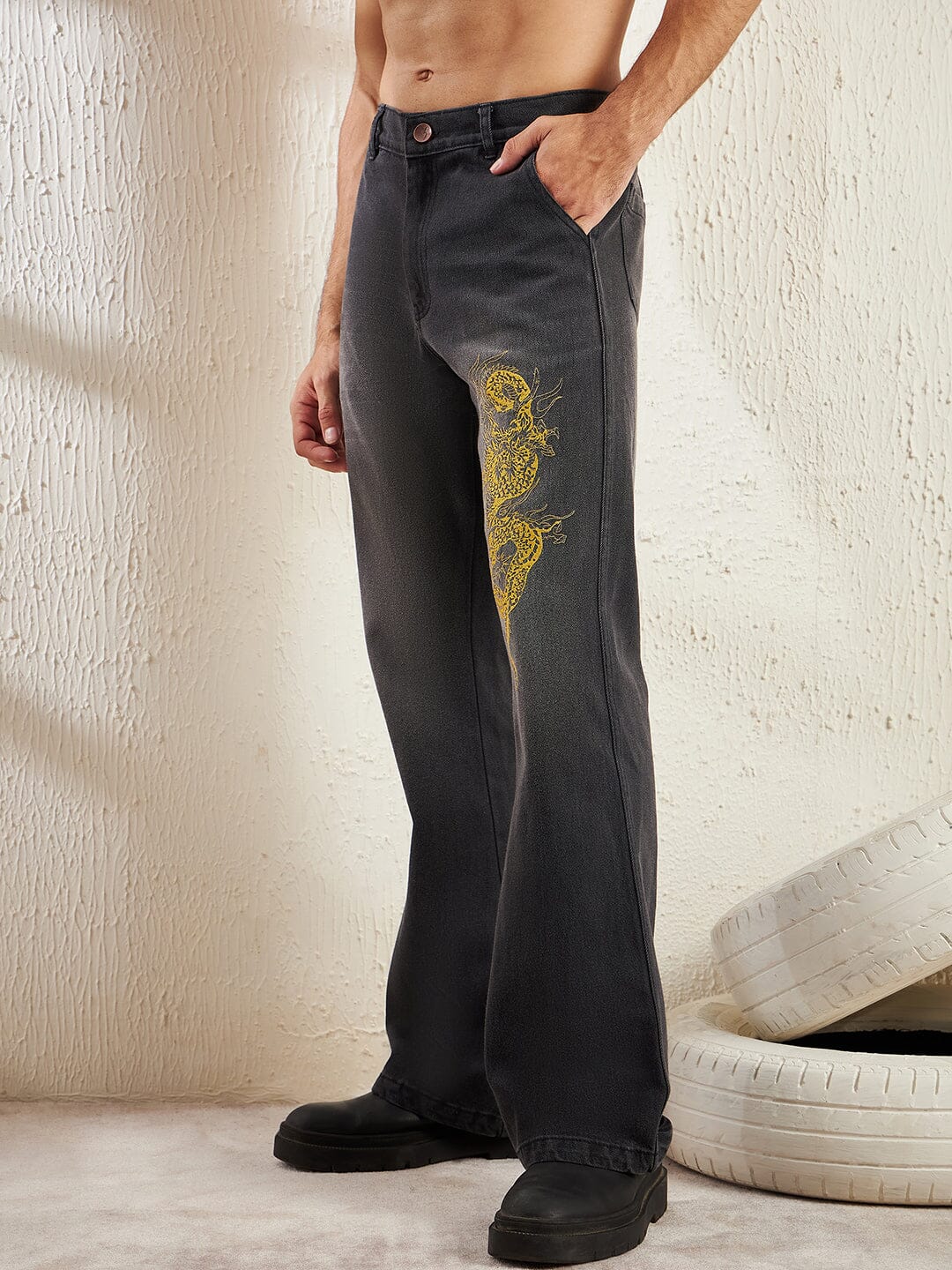 Black Dragon Embroidery Flared Denim