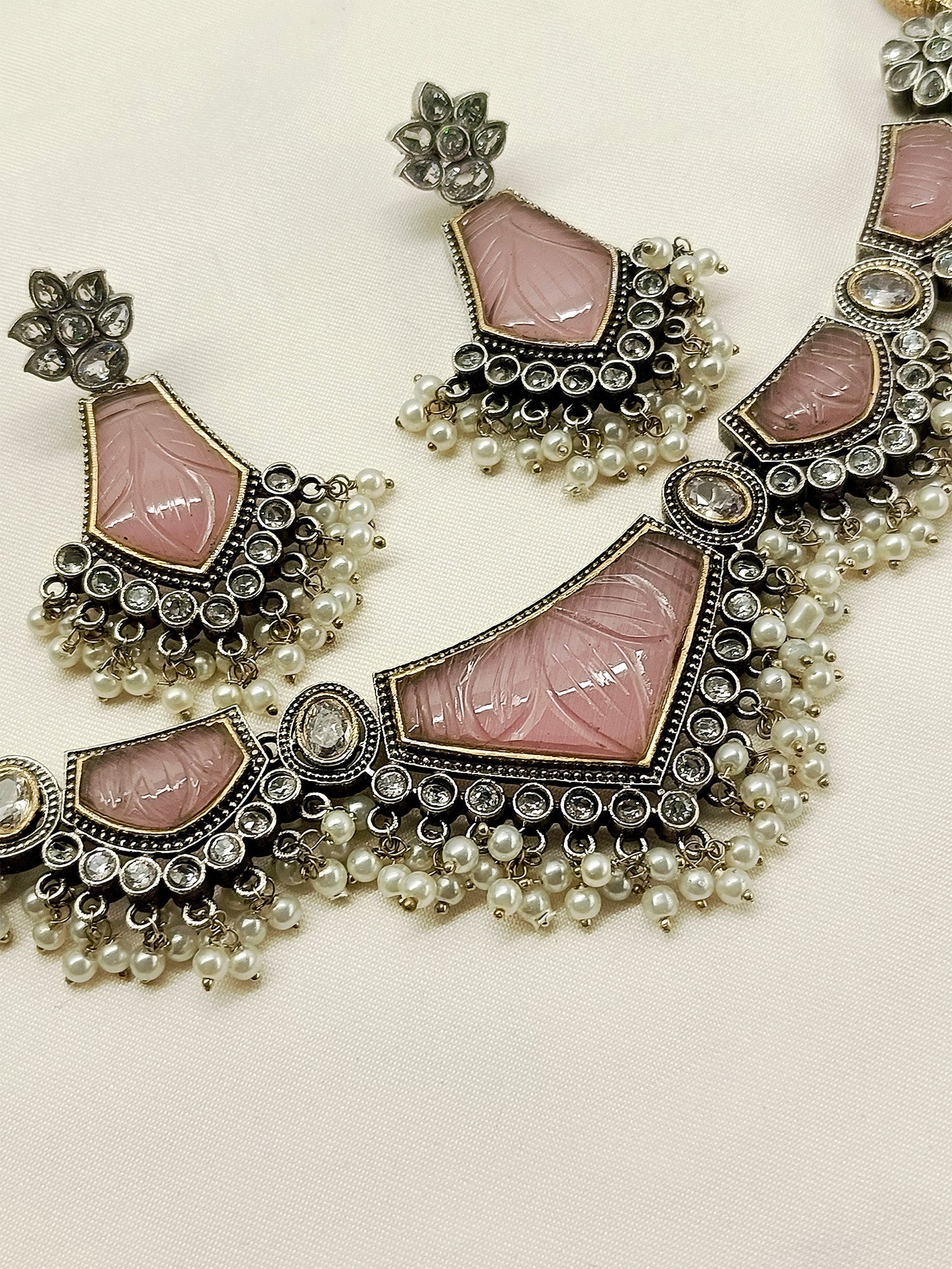Amelia Baby Pink Oxidized Necklace Set - qivii