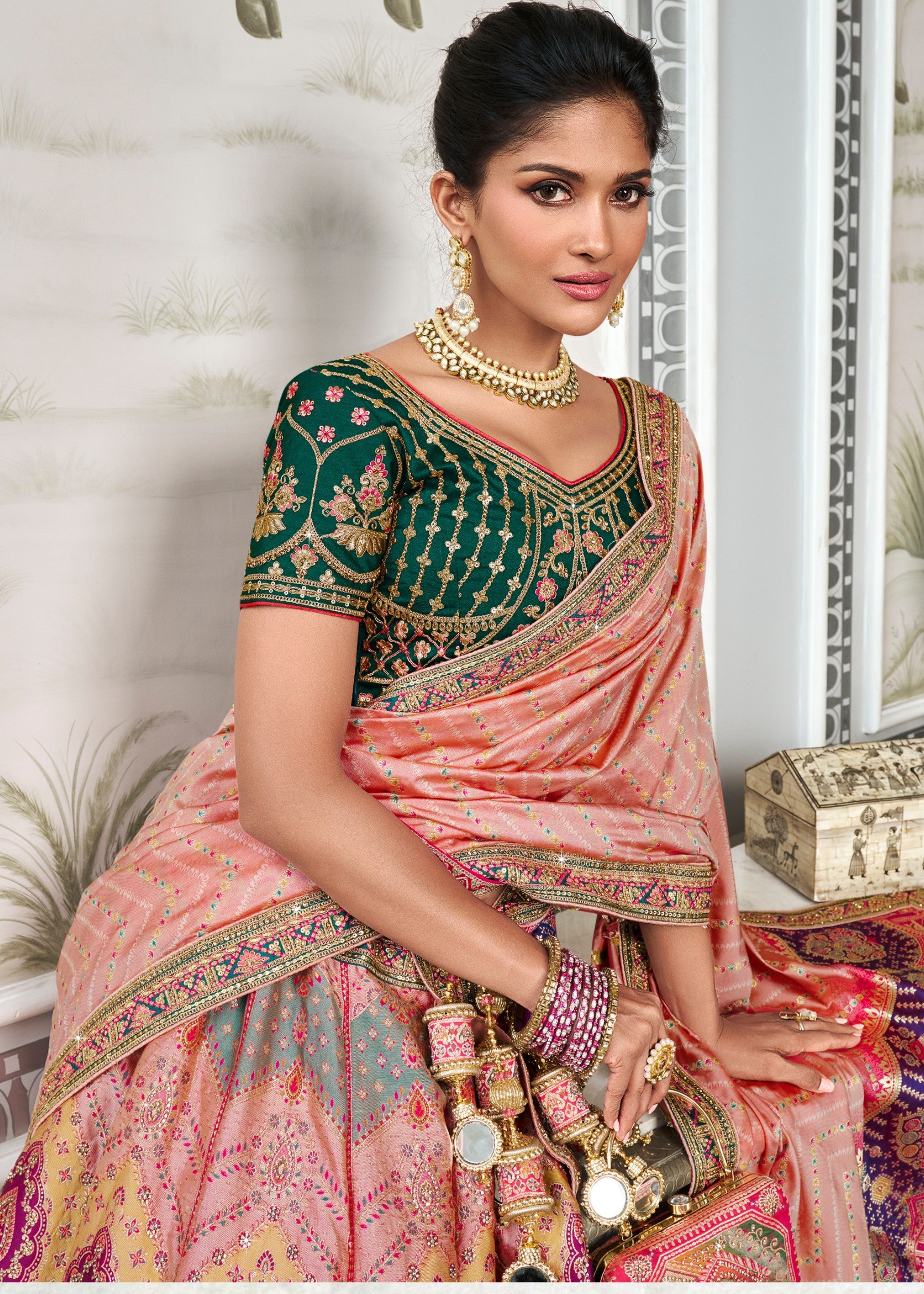Green & Pink Banarasi Silk Lehenga with Zarkan Codding work | Ready To Wear - qivii