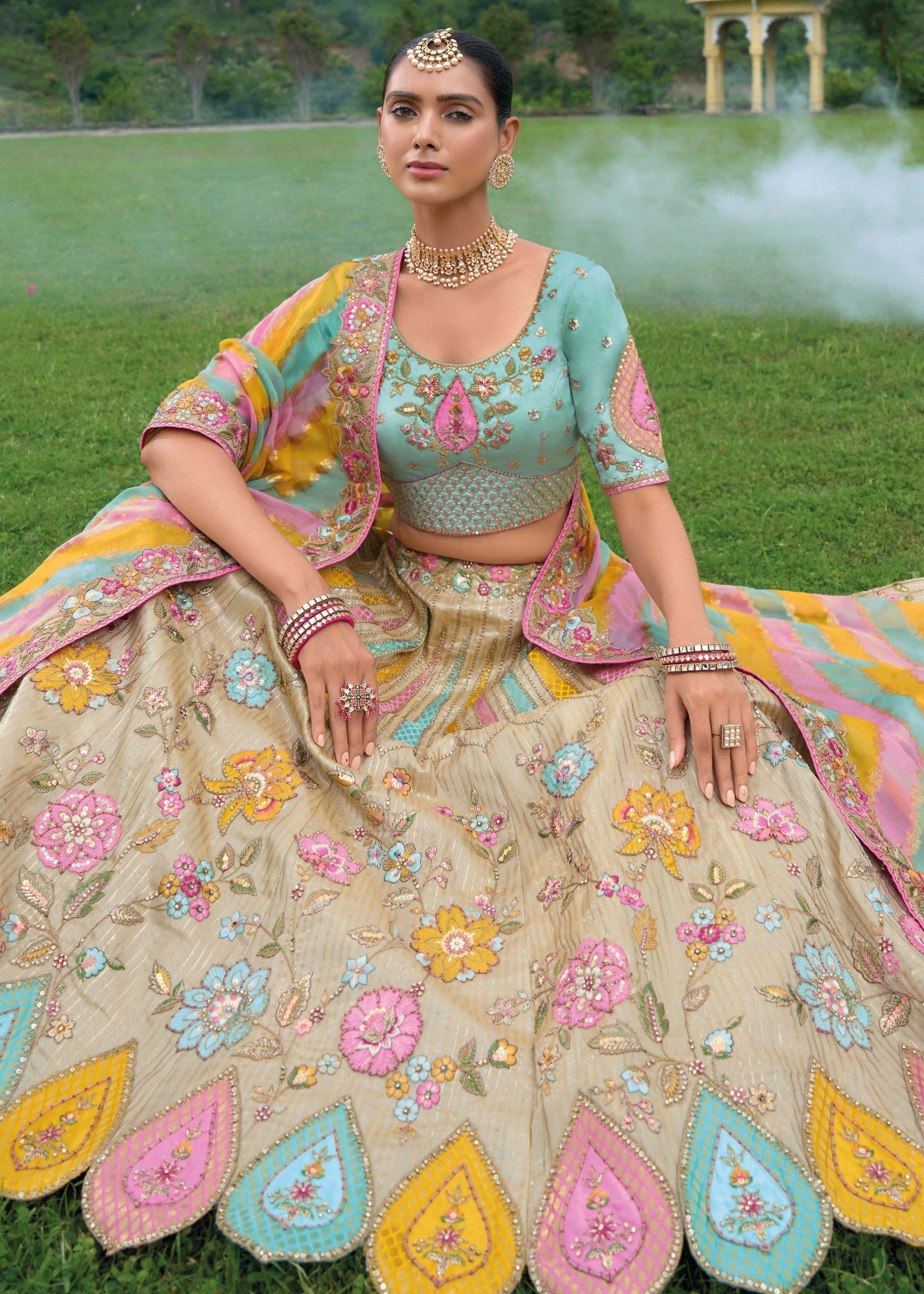 Sand Brown Banarasi Silk Lehenga With Heavy Embroidery Work | Ready To Wear - qivii