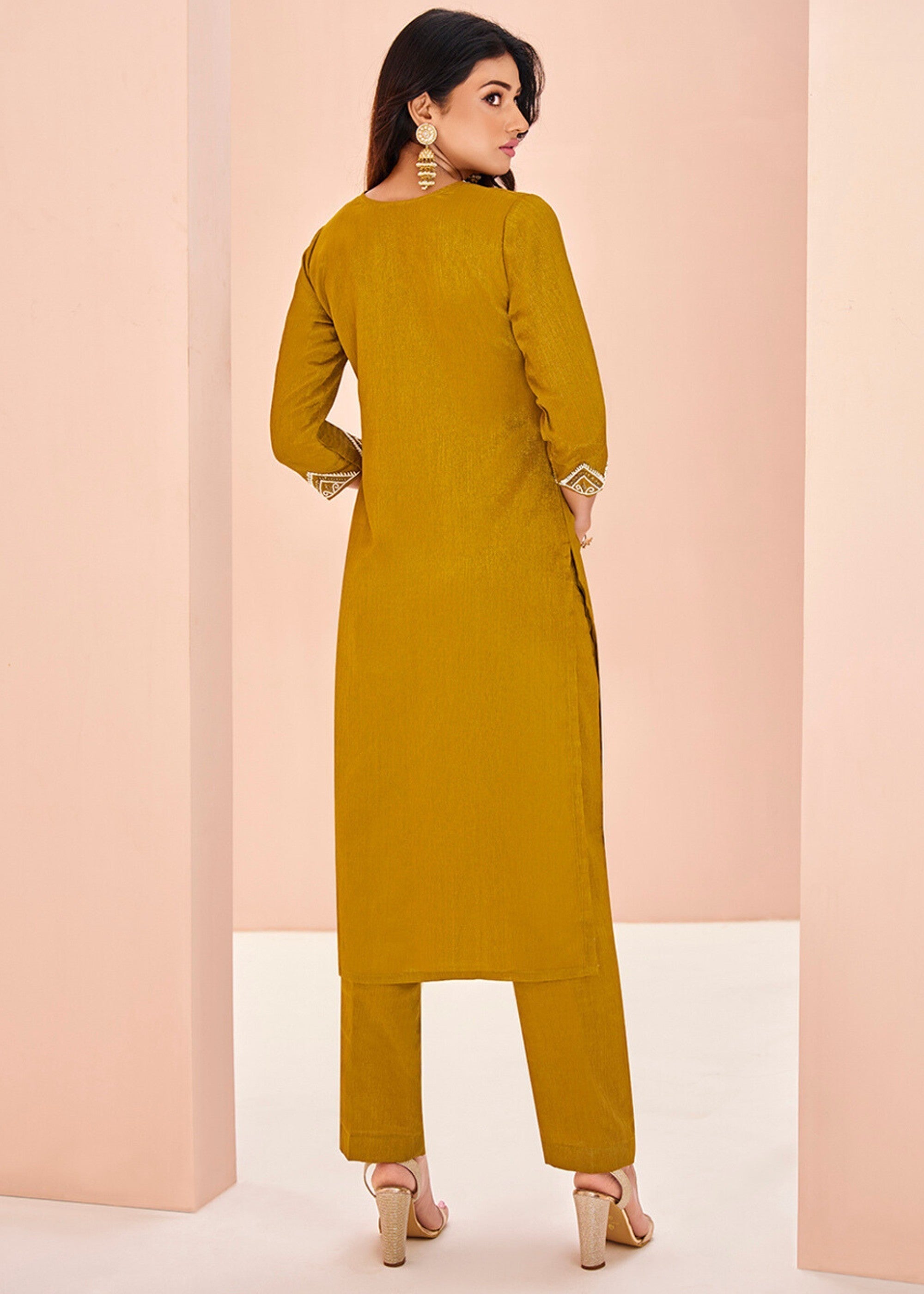 Chinon Mustard Handwork Kurta with Trouser - qivii