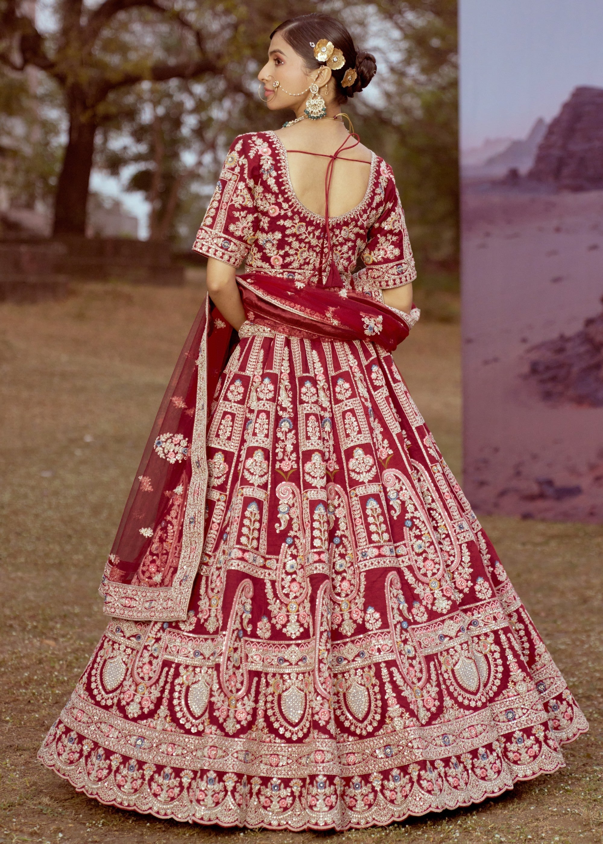 Maroon Pure Silk Moti, Sequins Embroidery Bridal Lehenga | Ready To Wear - qivii