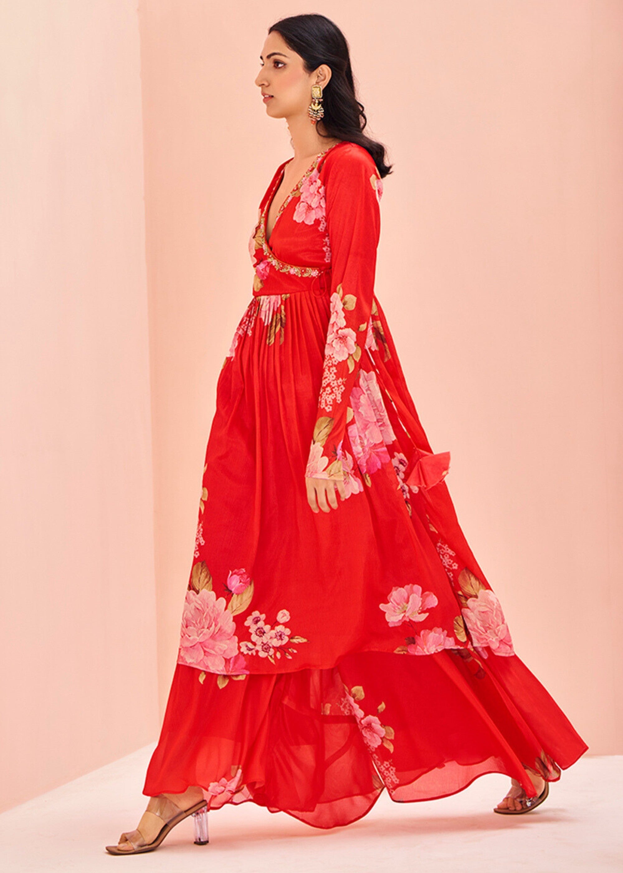 Chinon Red Handwork Kurta with Pant - qivii