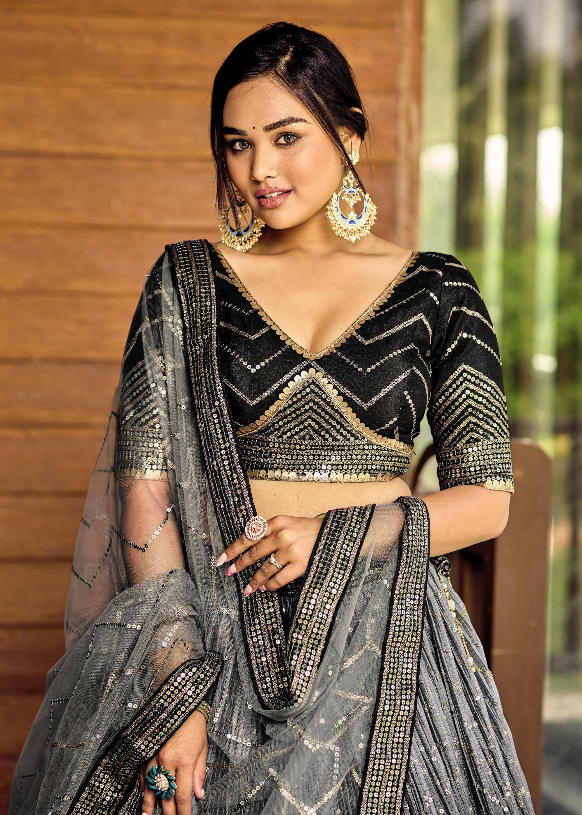 Sparkle Black Chinon Silk Lehenga With Sequence and Thread Embroidery Work | Ready To Wear - qivii