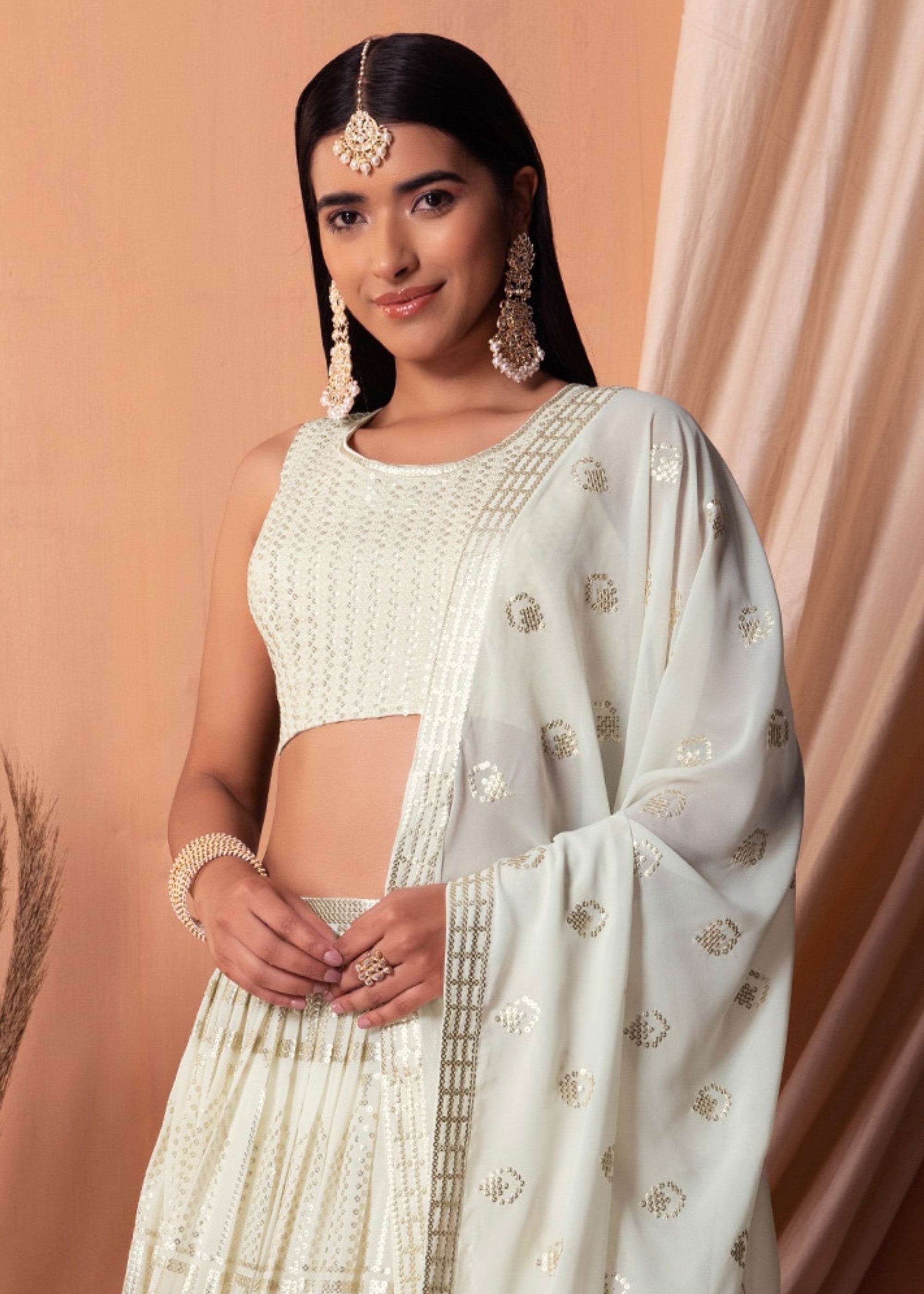 Off White Georgette Lehenga Choli With Sequins And Thread Embroidery Work | Ready To Wear - qivii