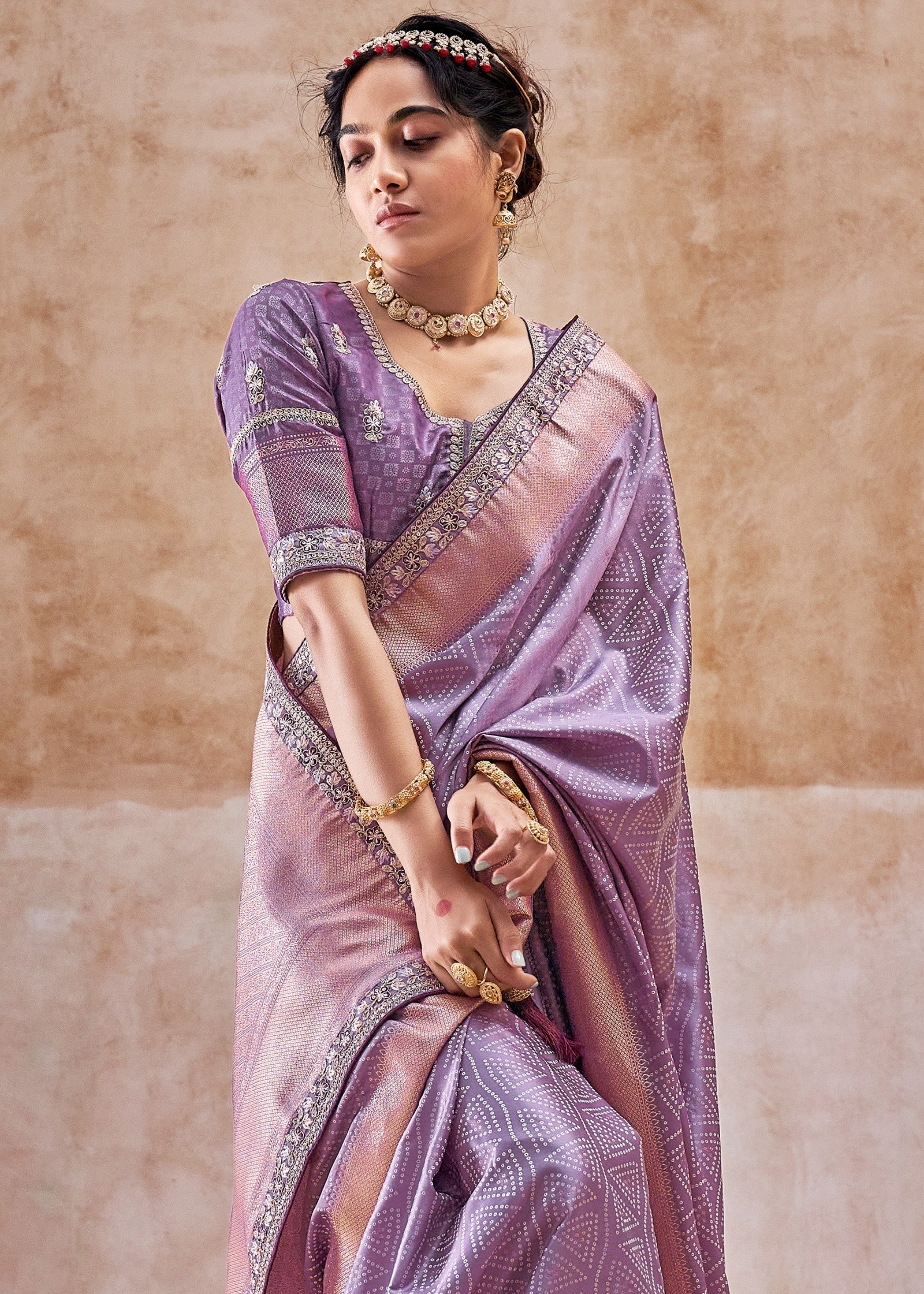 Lilac Purple Satin Silk Saree With Heavy Embroidery Lace & Blouse - qivii