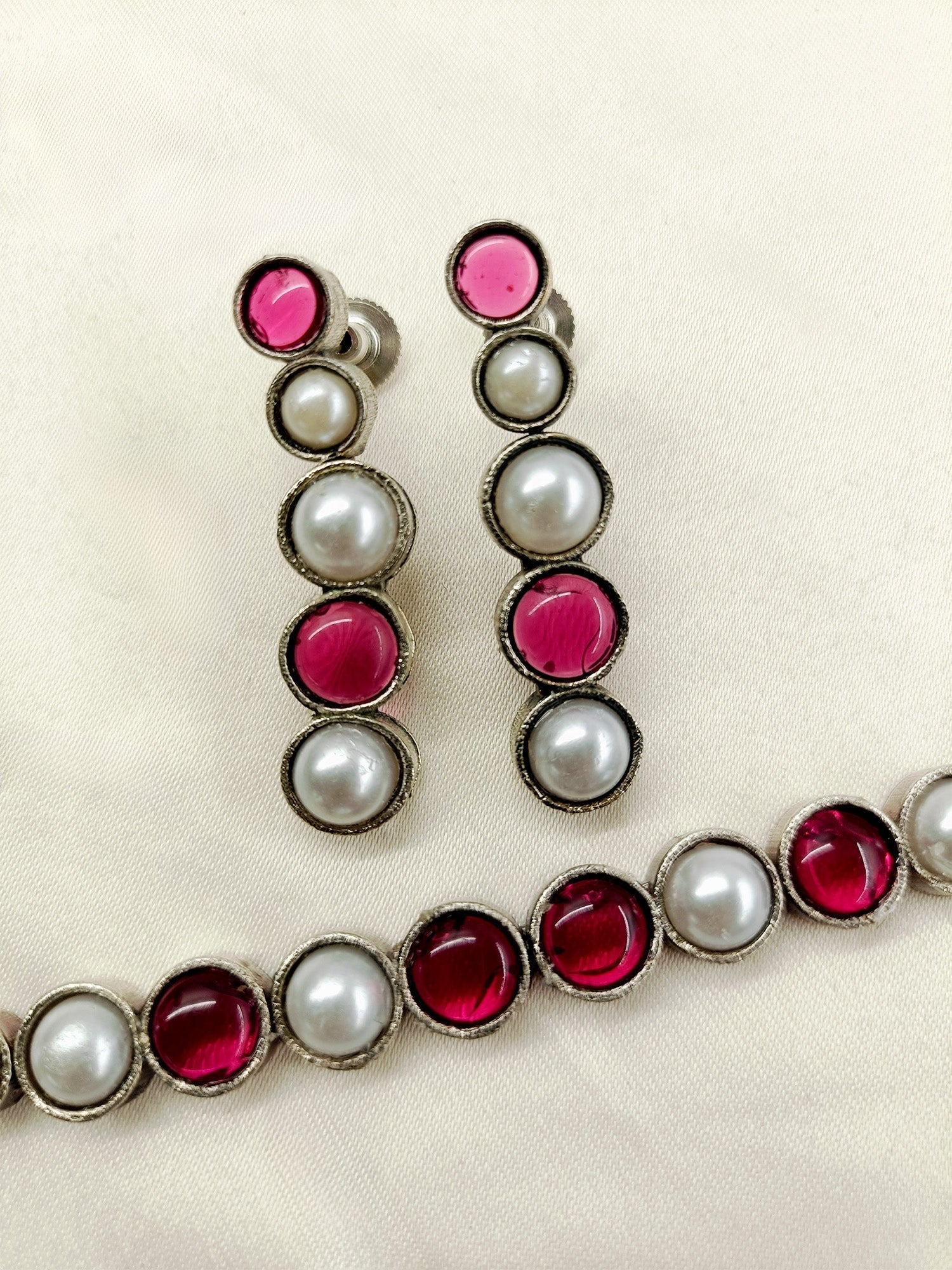 Adiratna Rose Pink Oxidized Necklace Set - qivii