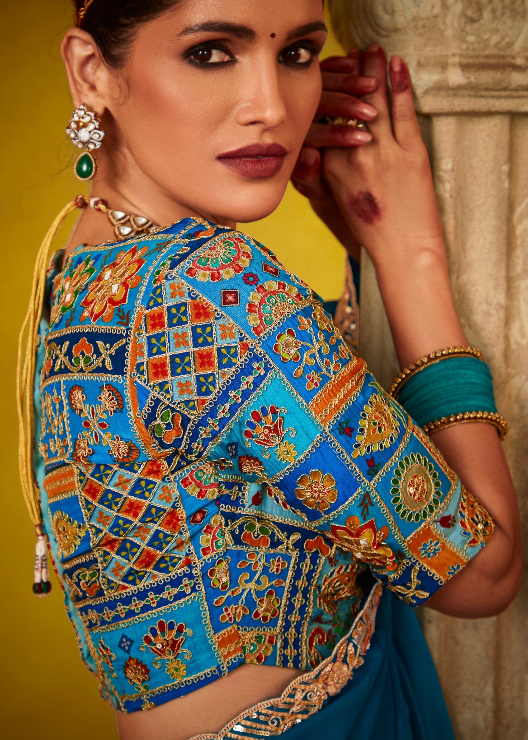 Teal Blue Glass Tissue Silk Saree With Sequins And Thread Embroidered Work - qivii