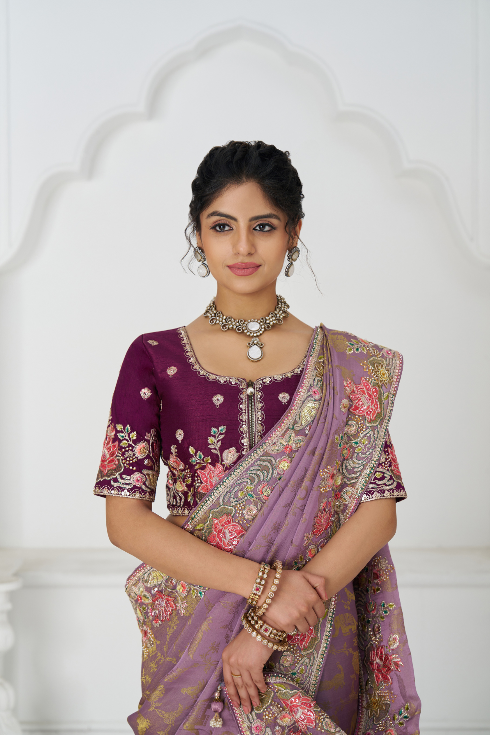 Bloom In Style: Mauve With Vibrant Thread Work & Floral Motifs - qivii