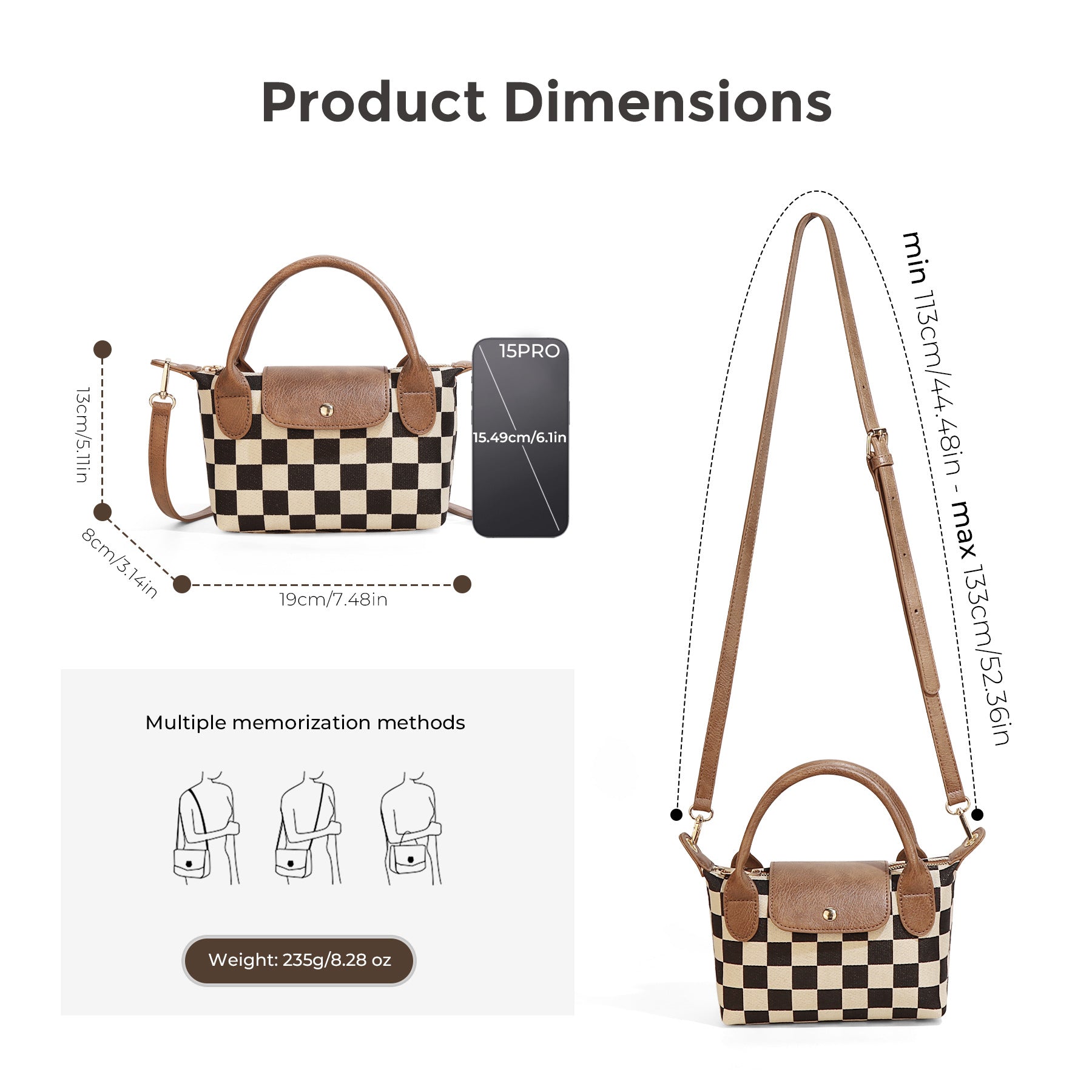 Ounamei Mini Checkered Nylon Crossbody Bag | Small Size Large Capacity 3-Way Carry Lightweight Tote